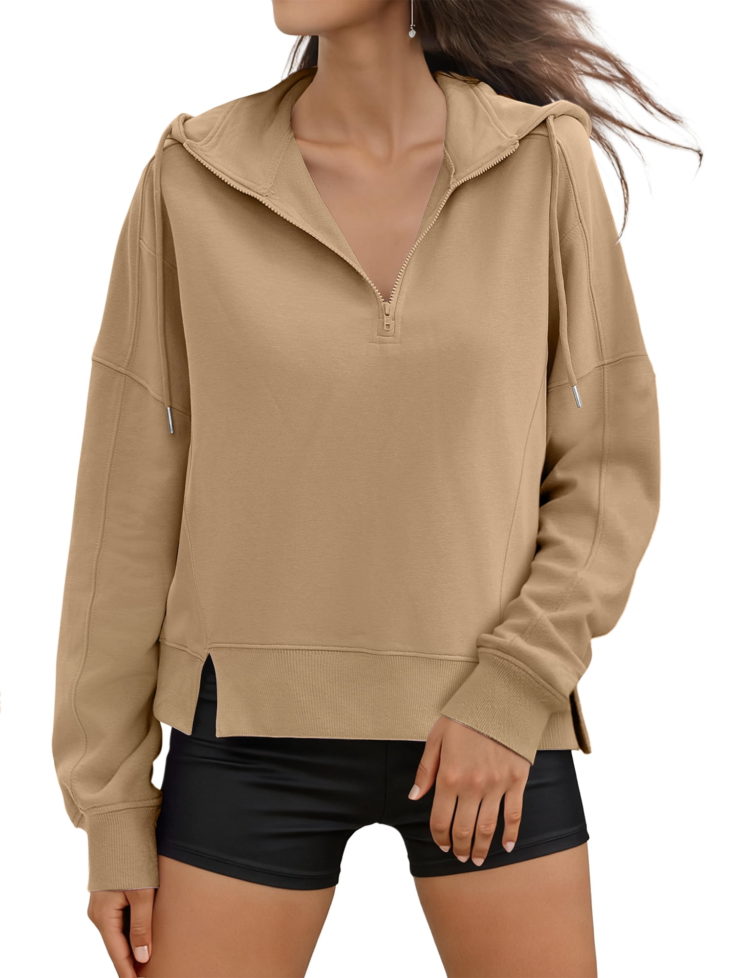 DARING DIVA Women's Stylish Cropped Half Zip Hoodie with Trendy Side Slits M Khaki