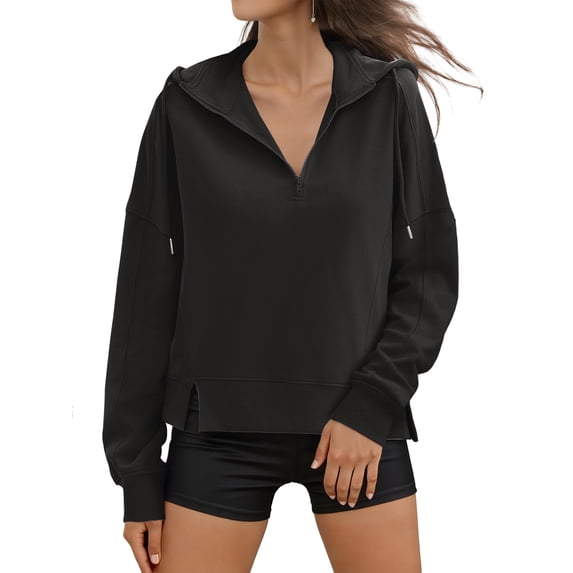 DARING DIVA Women's Stylish Cropped Half Zip Hoodie with Trendy Side Slits S Black