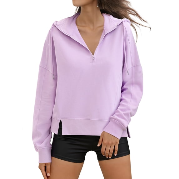DARING DIVA Women's Stylish Cropped Half Zip Hoodie with Trendy Side Slits S Purple