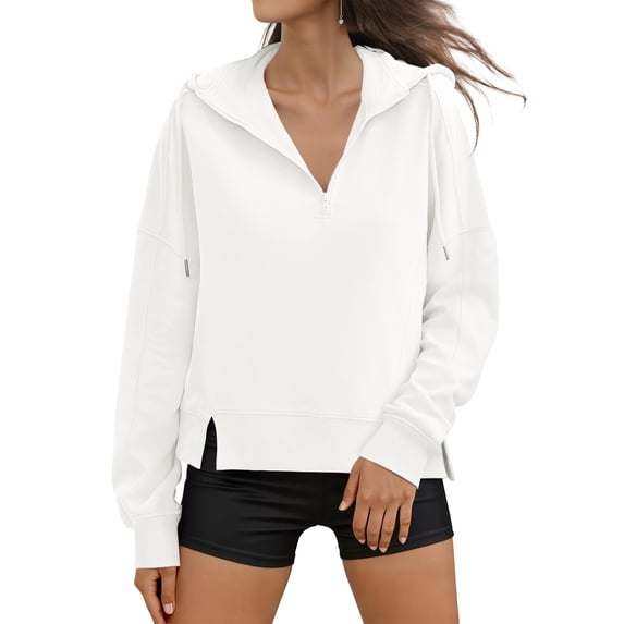 DARING DIVA Women's Stylish Cropped Half Zip Hoodie with Trendy Side Slits S White