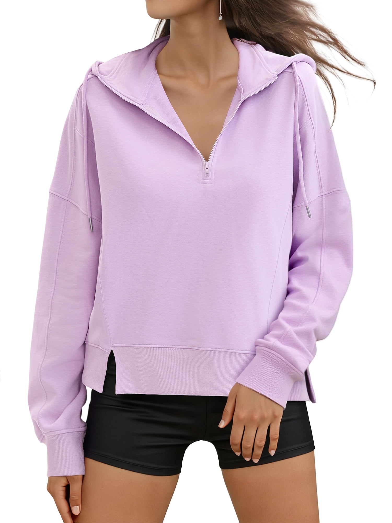 DARING DIVA Women's Stylish Cropped Half Zip Hoodie with Trendy Side Slits XL Purple