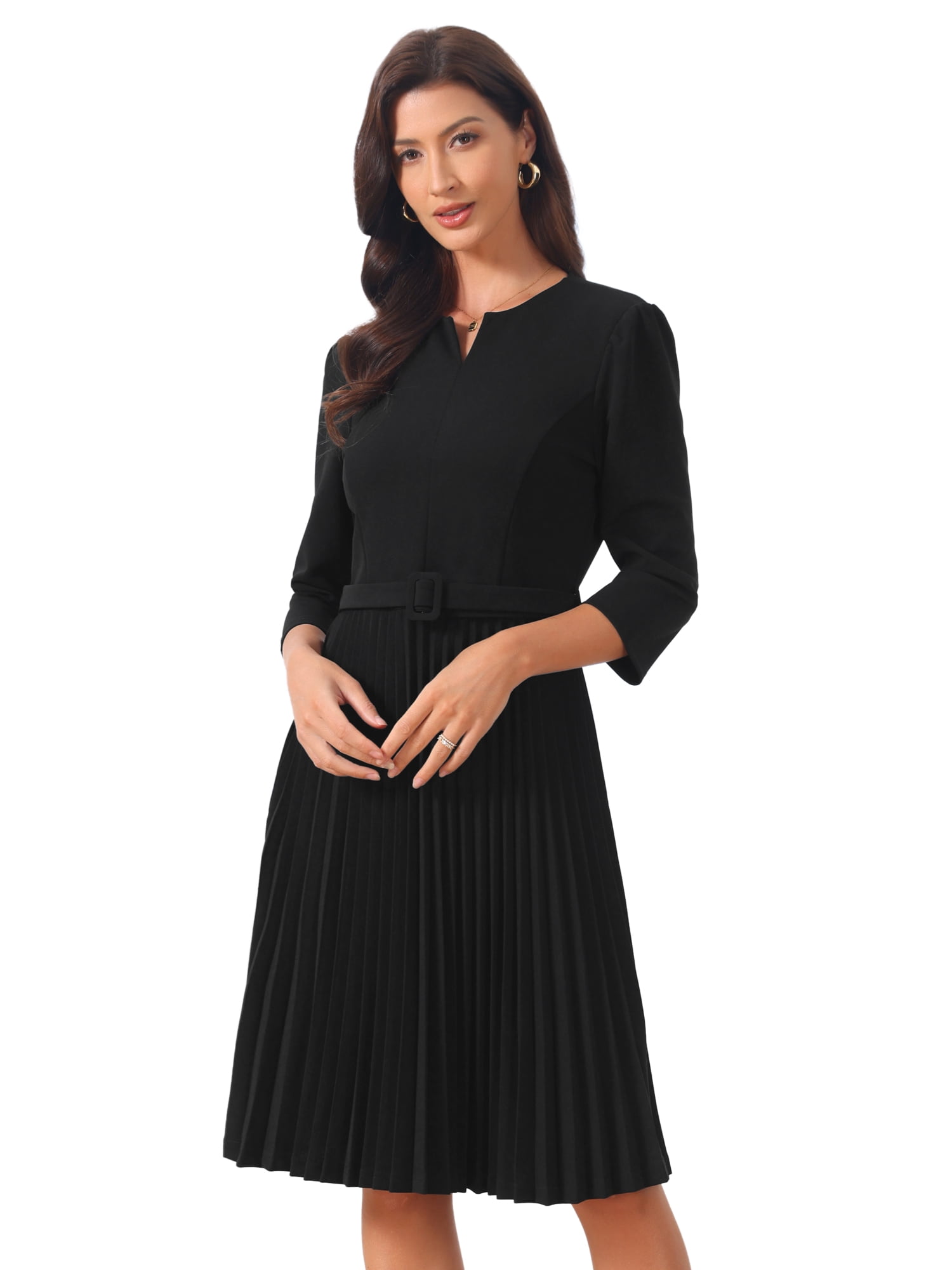 DARING DIVA Women's Stylish Elegant Work A-Line Dress with 3/4 Sleeve and V Neck S Black