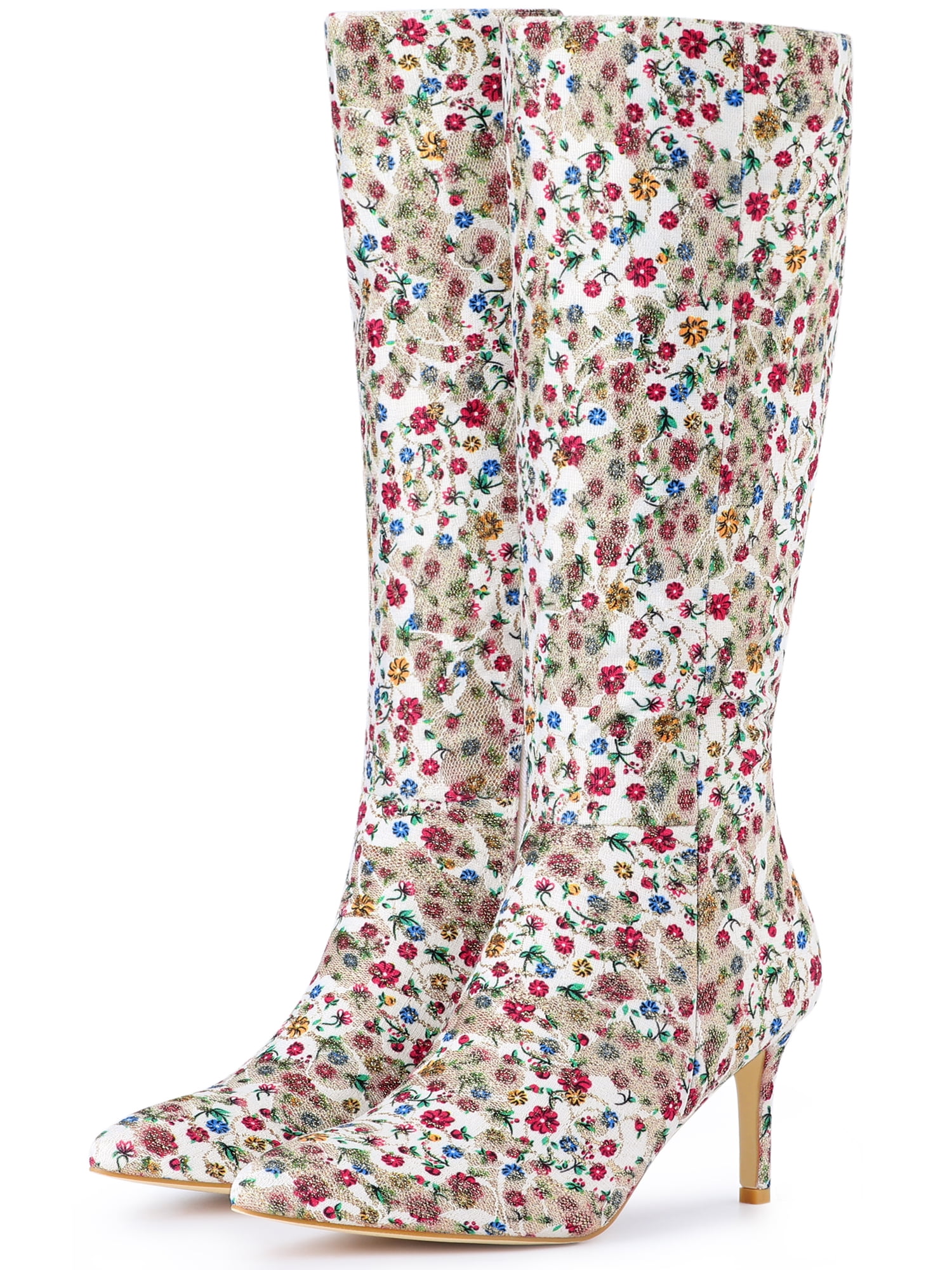 DARING DIVA Women's Stylish Floral Knee High Boot with Stiletto Heel White Floral 8