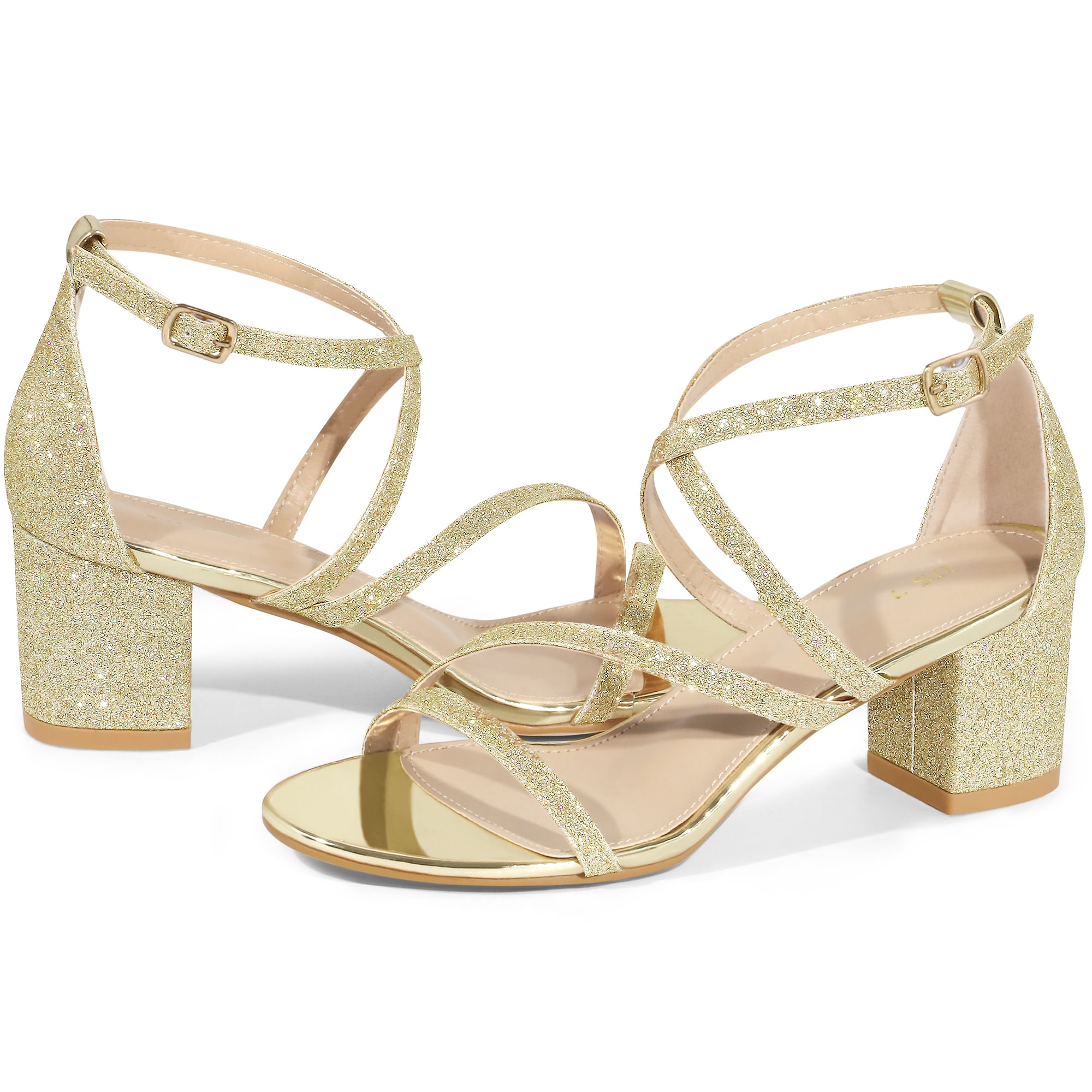 DARING DIVA Women's Stylish Glitter Crisscross Strap Chunky Heels Sandals Perfect Gold 7