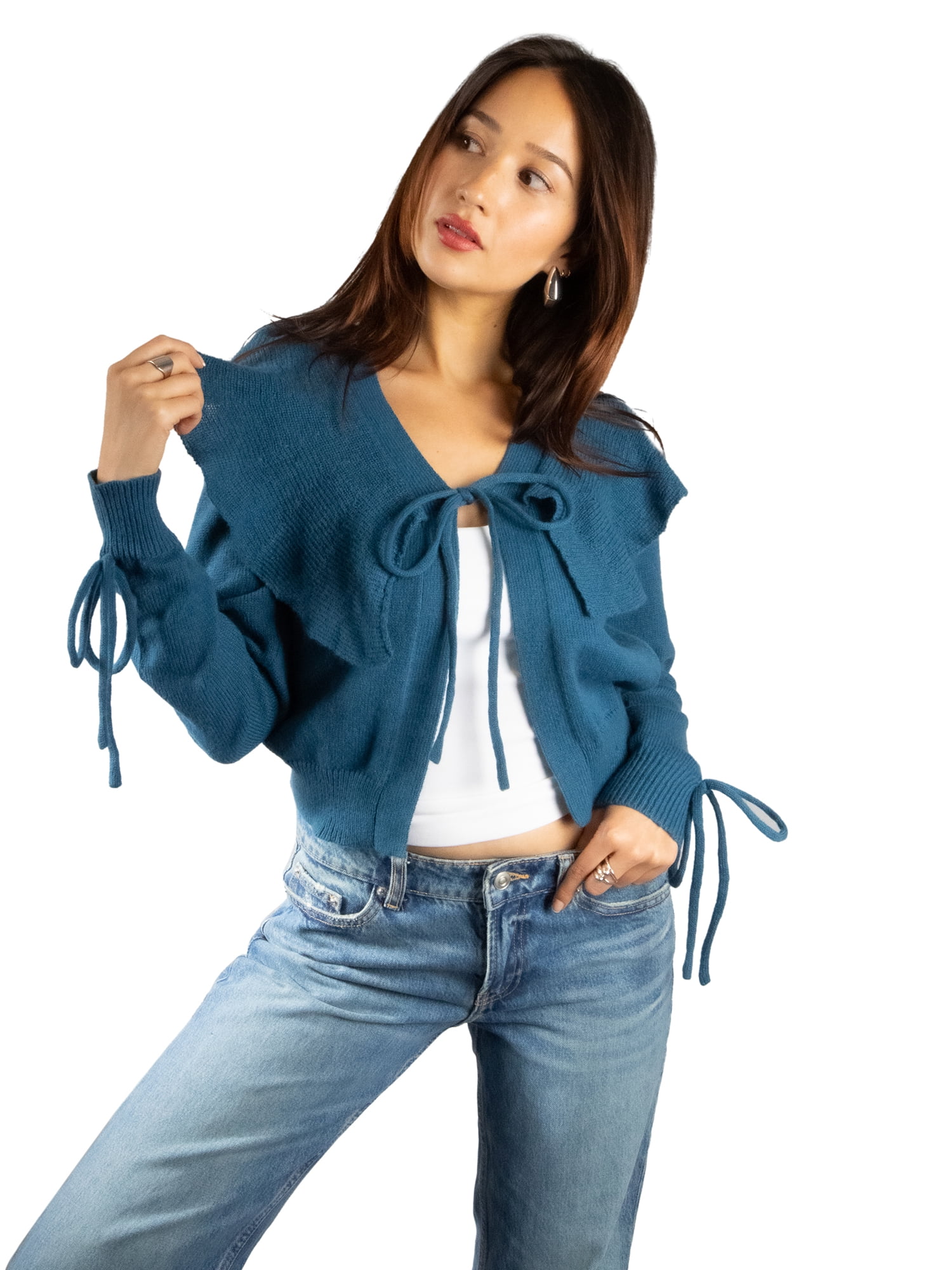 DARING DIVA Women's Stylish Lightweight Flouncy Tie Cardigan M Dark Teal
