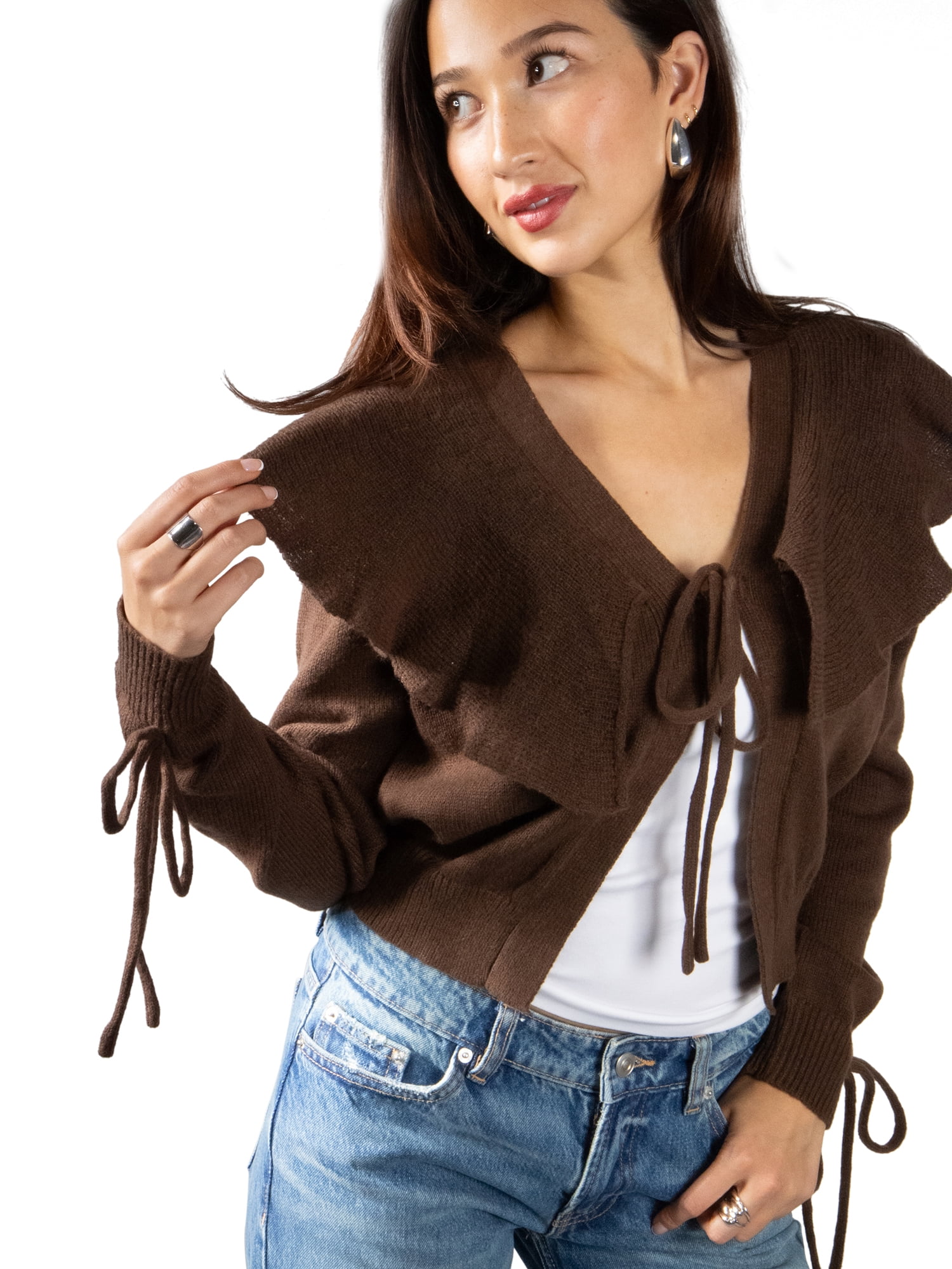 DARING DIVA Women's Stylish Lightweight Flouncy Tie Cardigan XL Brown