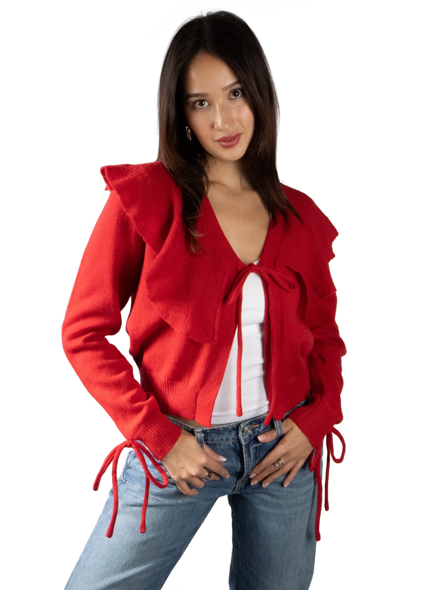 DARING DIVA Women's Stylish Lightweight Flouncy Tie Cardigan XL Red