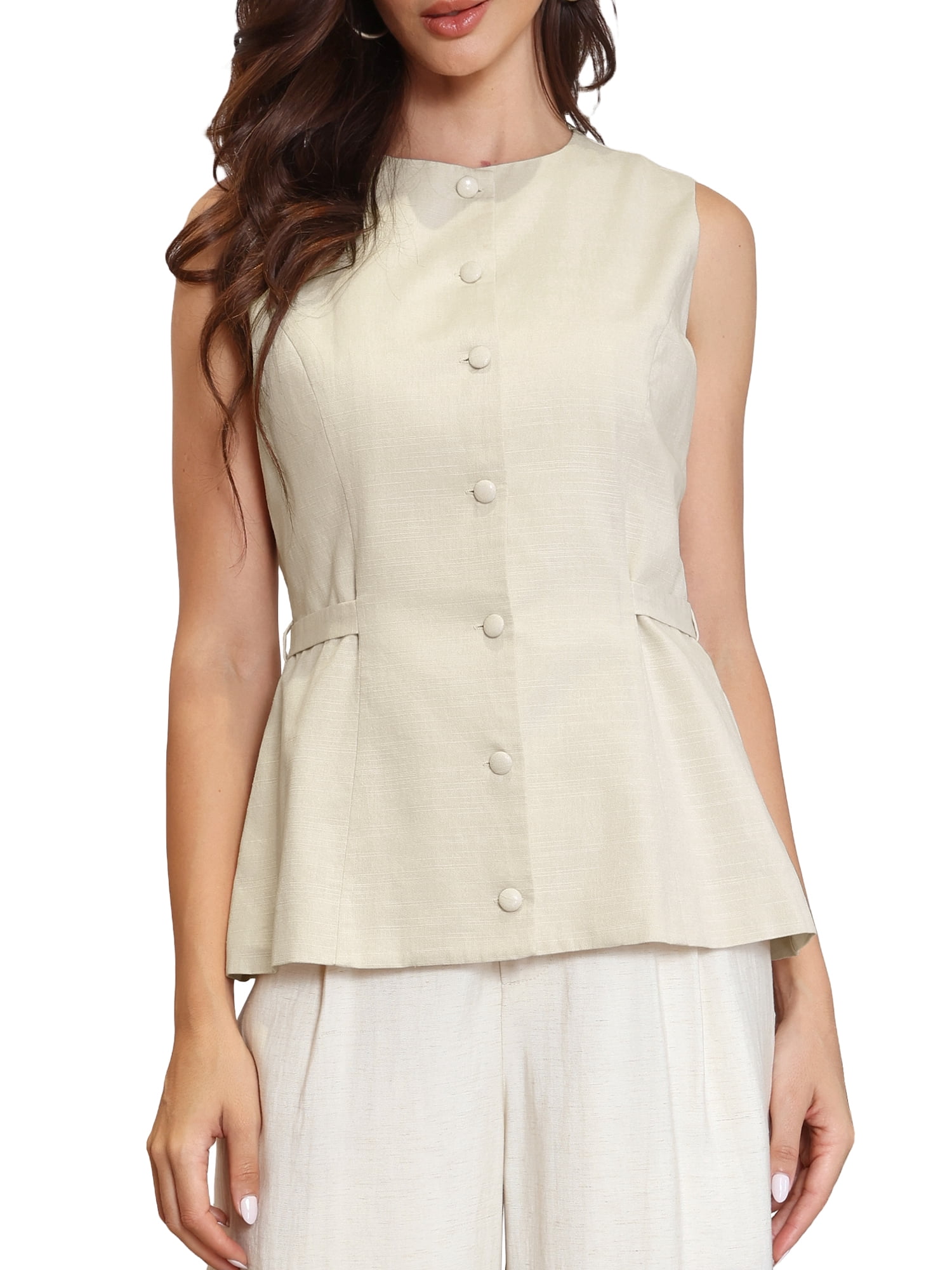 DARING DIVA Women's Stylish Linen Sleeveless Crew Neck Button Down Waistcoat S Apricot