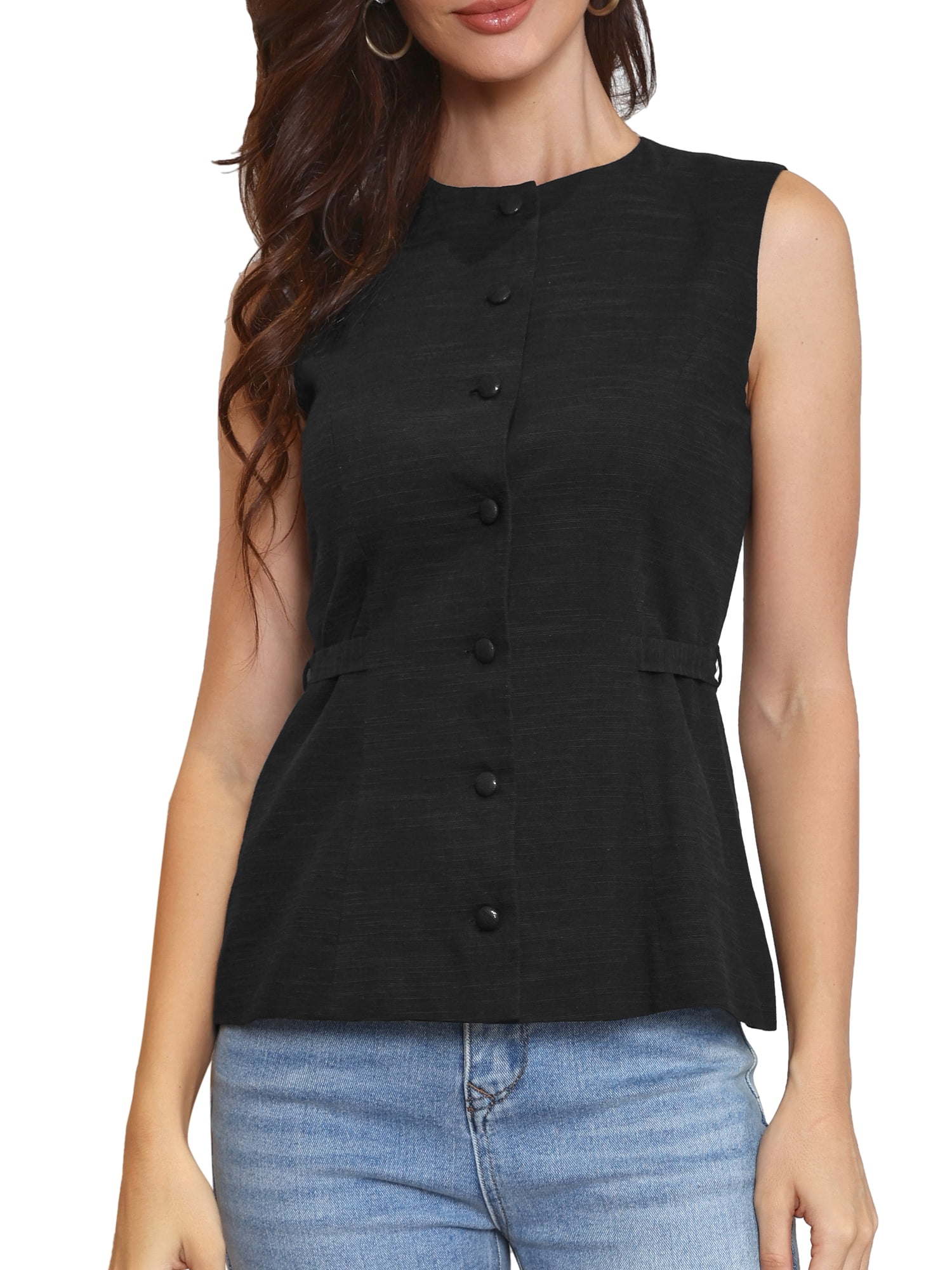 DARING DIVA Women's Stylish Linen Sleeveless Crew Neck Button Down Waistcoat XL Black