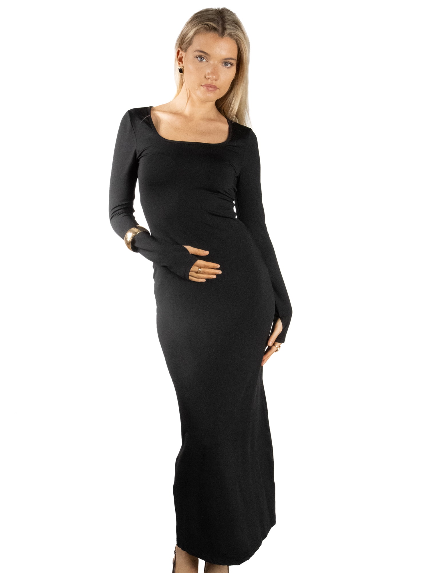 DARING DIVA Women's Stylish Long Sleeve Square Neck Maxi Bodycorn Dress S Black