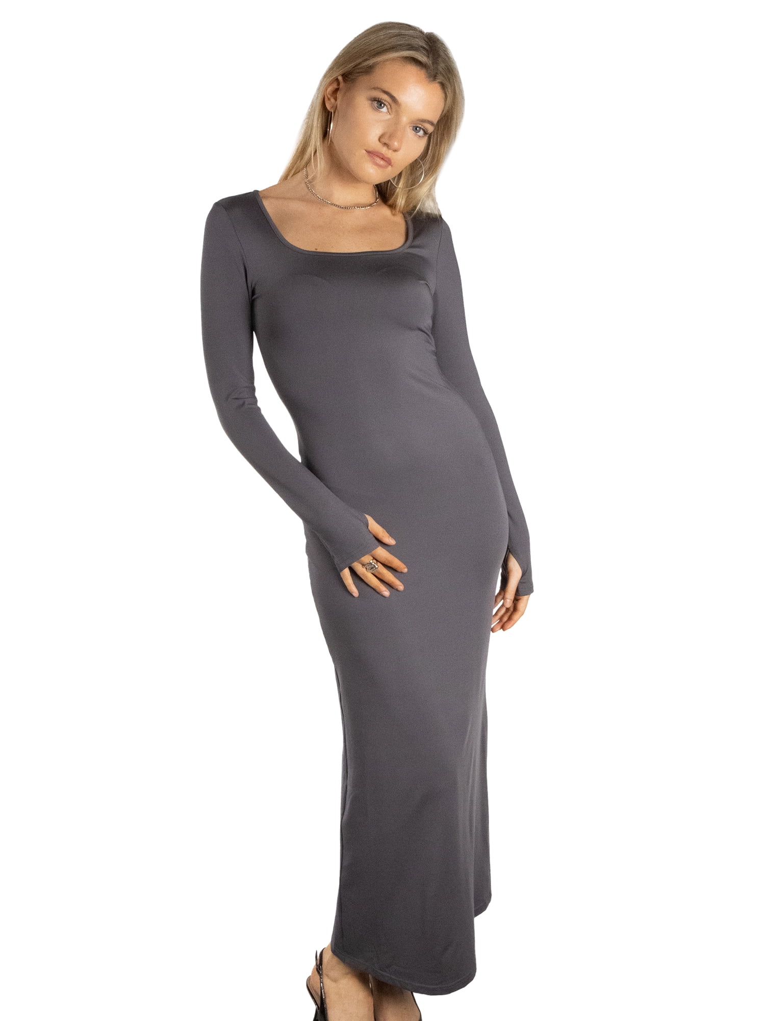 DARING DIVA Women's Stylish Long Sleeve Square Neck Maxi Bodycorn Dress S Grey