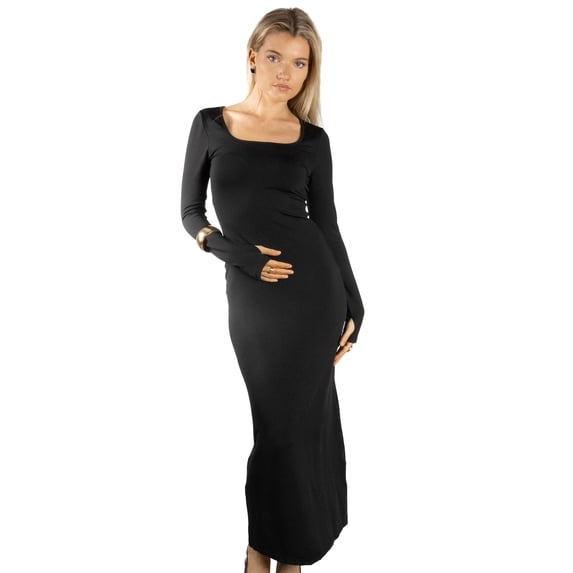 DARING DIVA Women's Stylish Long Sleeve Square Neck Maxi Bodycorn Dress XS Black