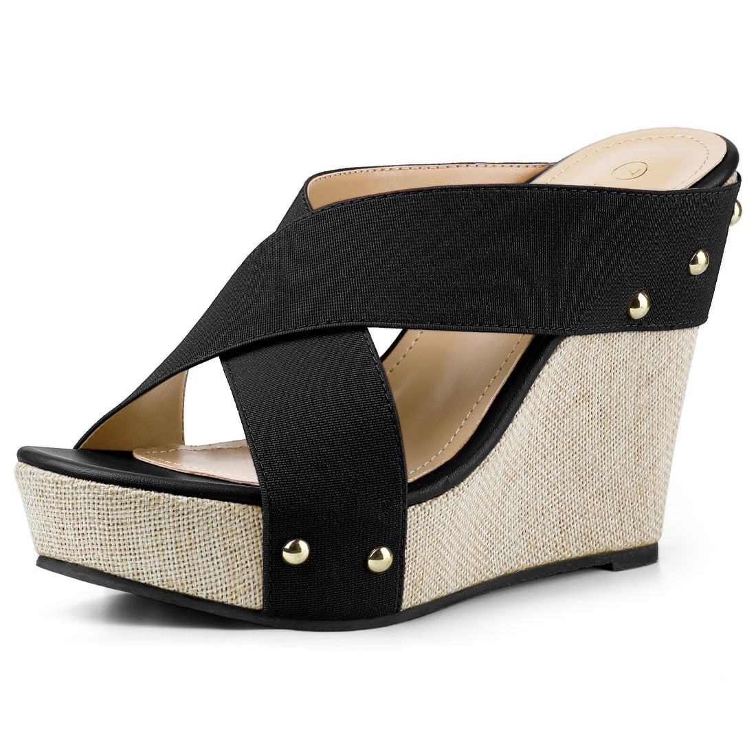DARING DIVA Women's Stylish Open Toe Linen Platform Slide Wedge Sandals Black 7