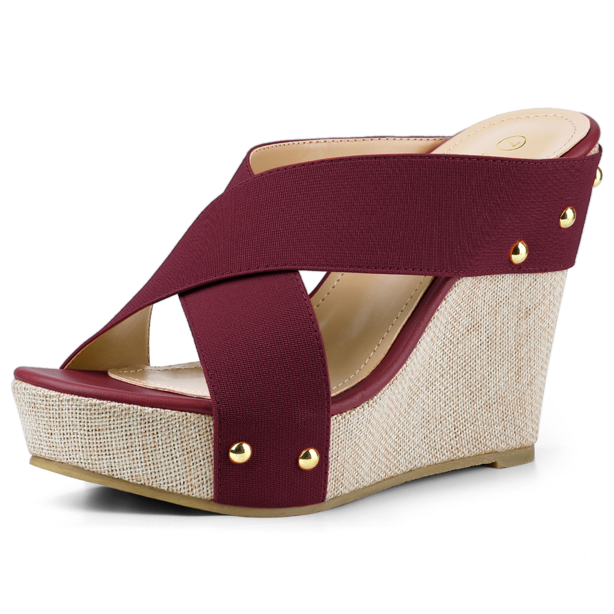 DARING DIVA Women's Stylish Open Toe Linen Platform Slide Wedge Sandals Burgundy 7.5