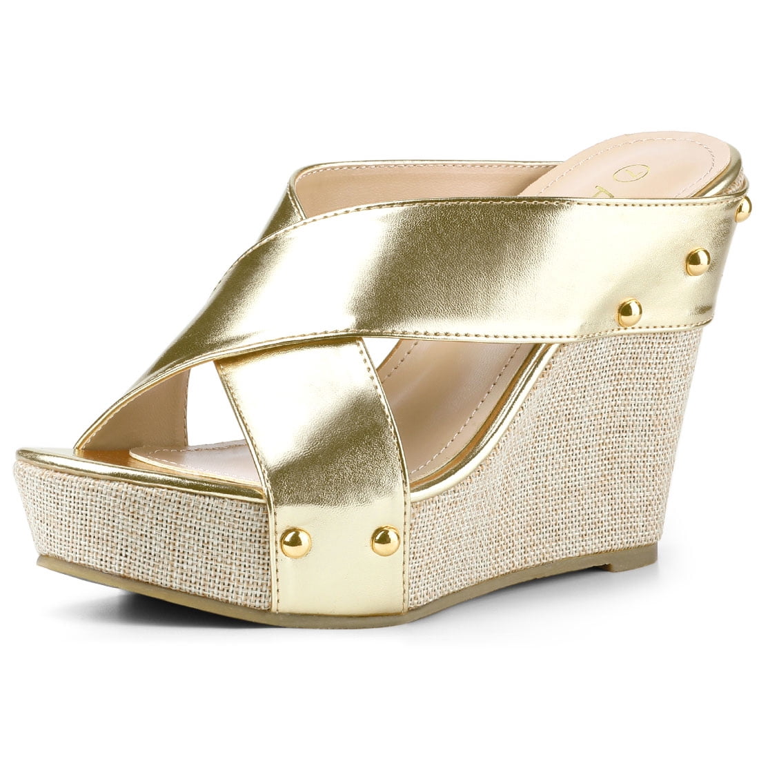 DARING DIVA Women's Stylish Open Toe Linen Platform Slide Wedge Sandals Gold 10