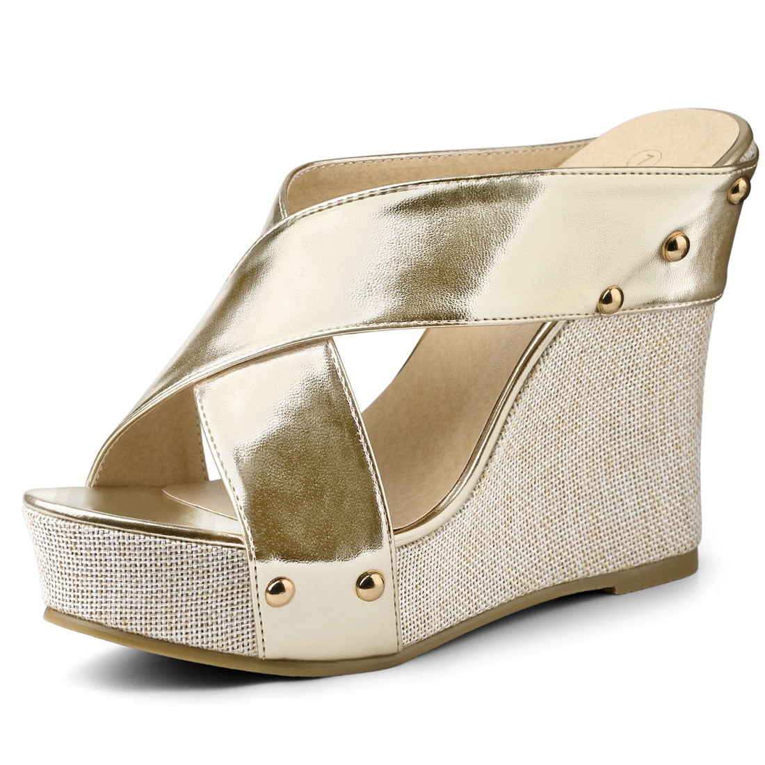 DARING DIVA Women's Stylish Open Toe Linen Platform Slide Wedge Sandals Gold 6