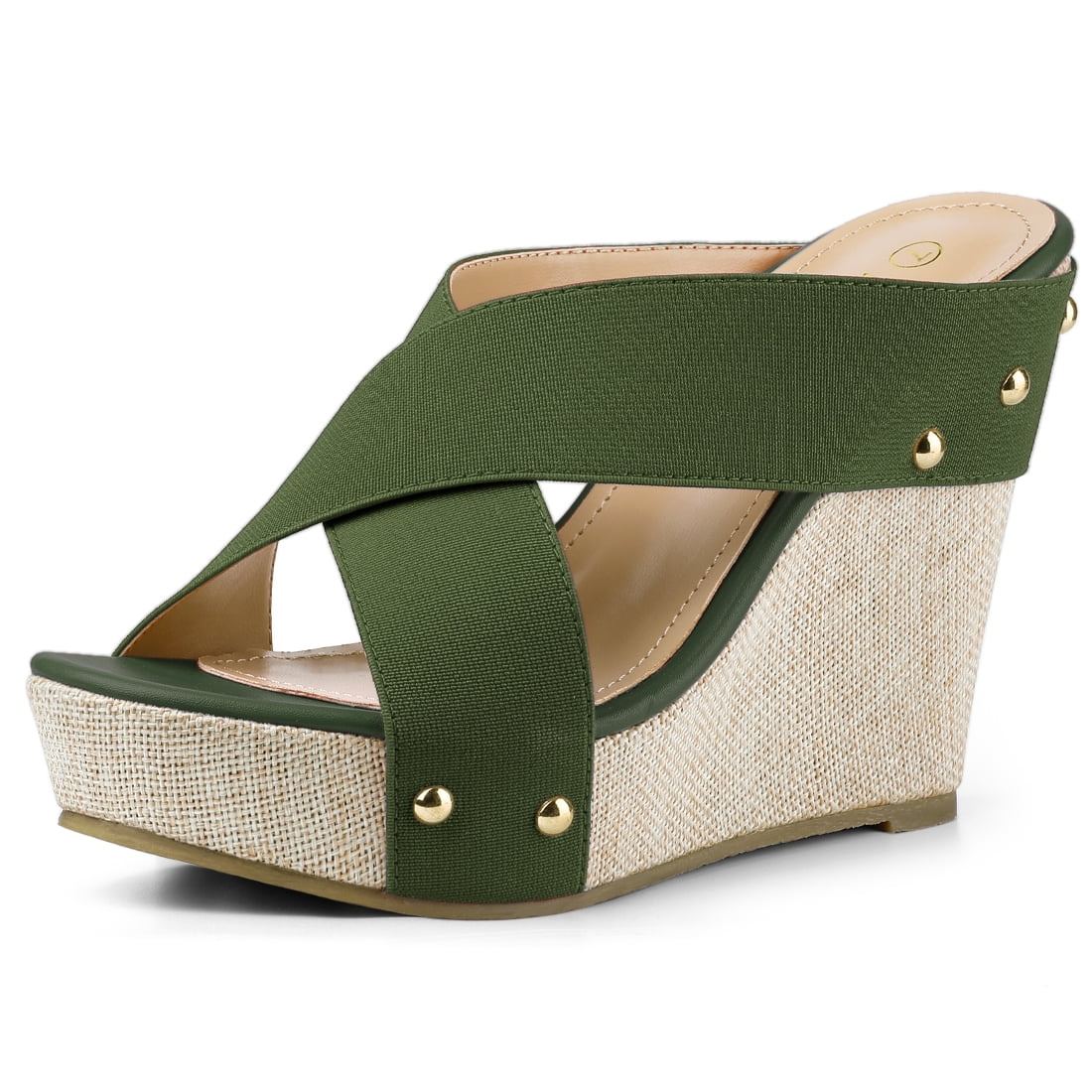 DARING DIVA Women's Stylish Open Toe Linen Platform Slide Wedge Sandals Green 7