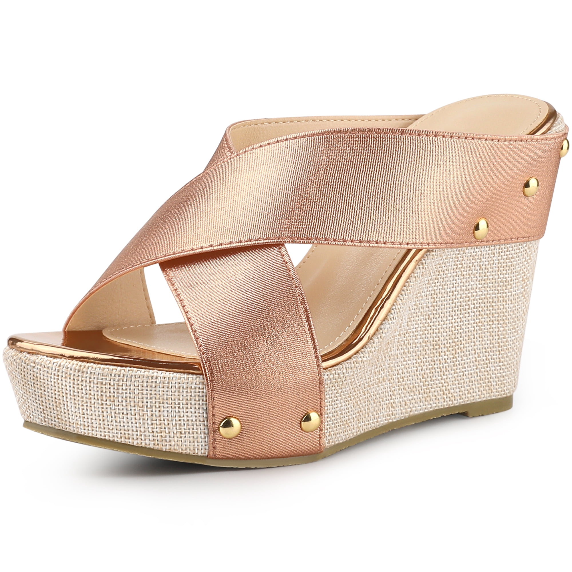 DARING DIVA Women's Stylish Open Toe Linen Platform Slide Wedge Sandals Rose Gold 7