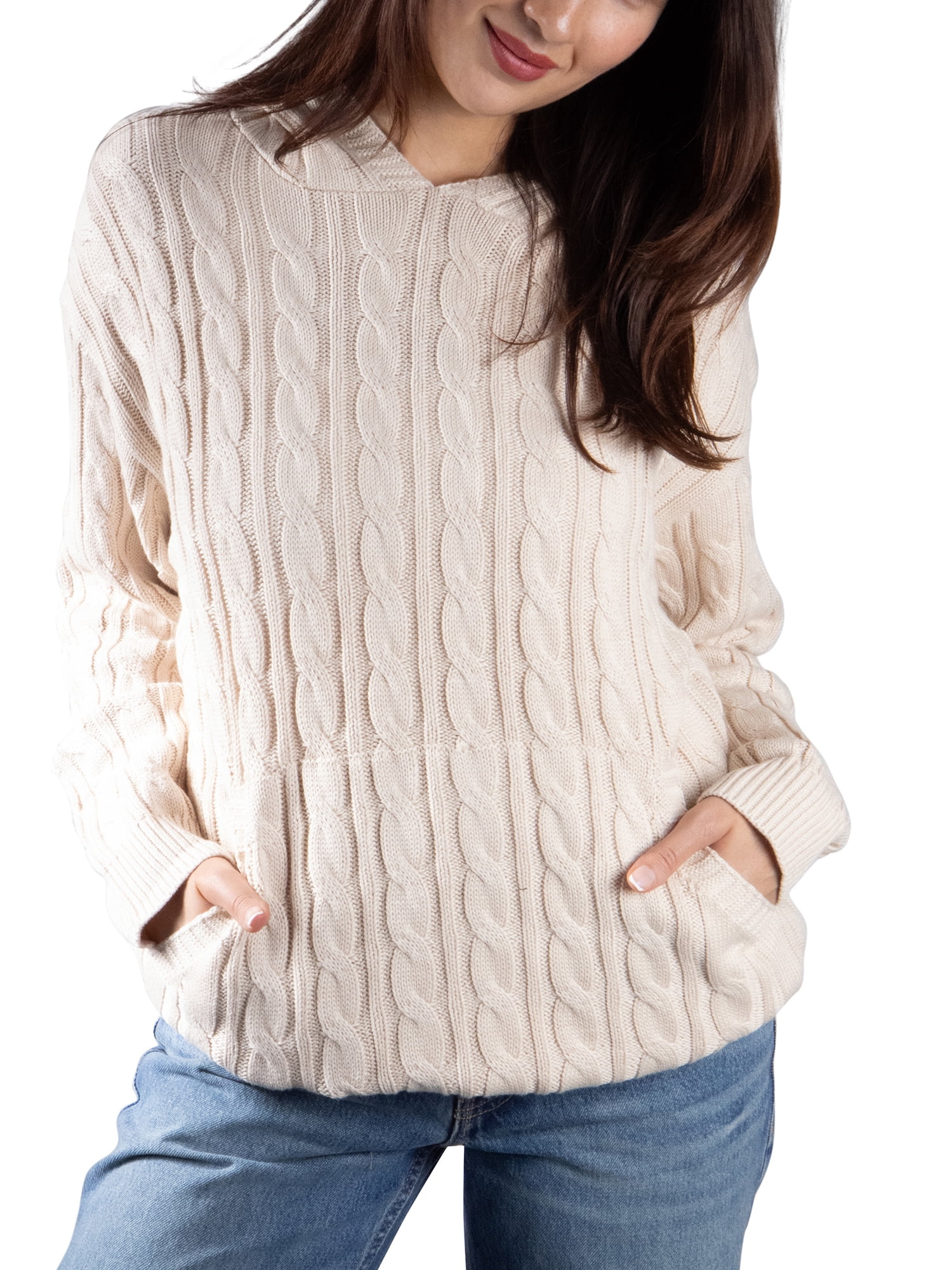 DARING DIVA Women's Stylish Oversized Cable Knit Hooded Sweater L Cream