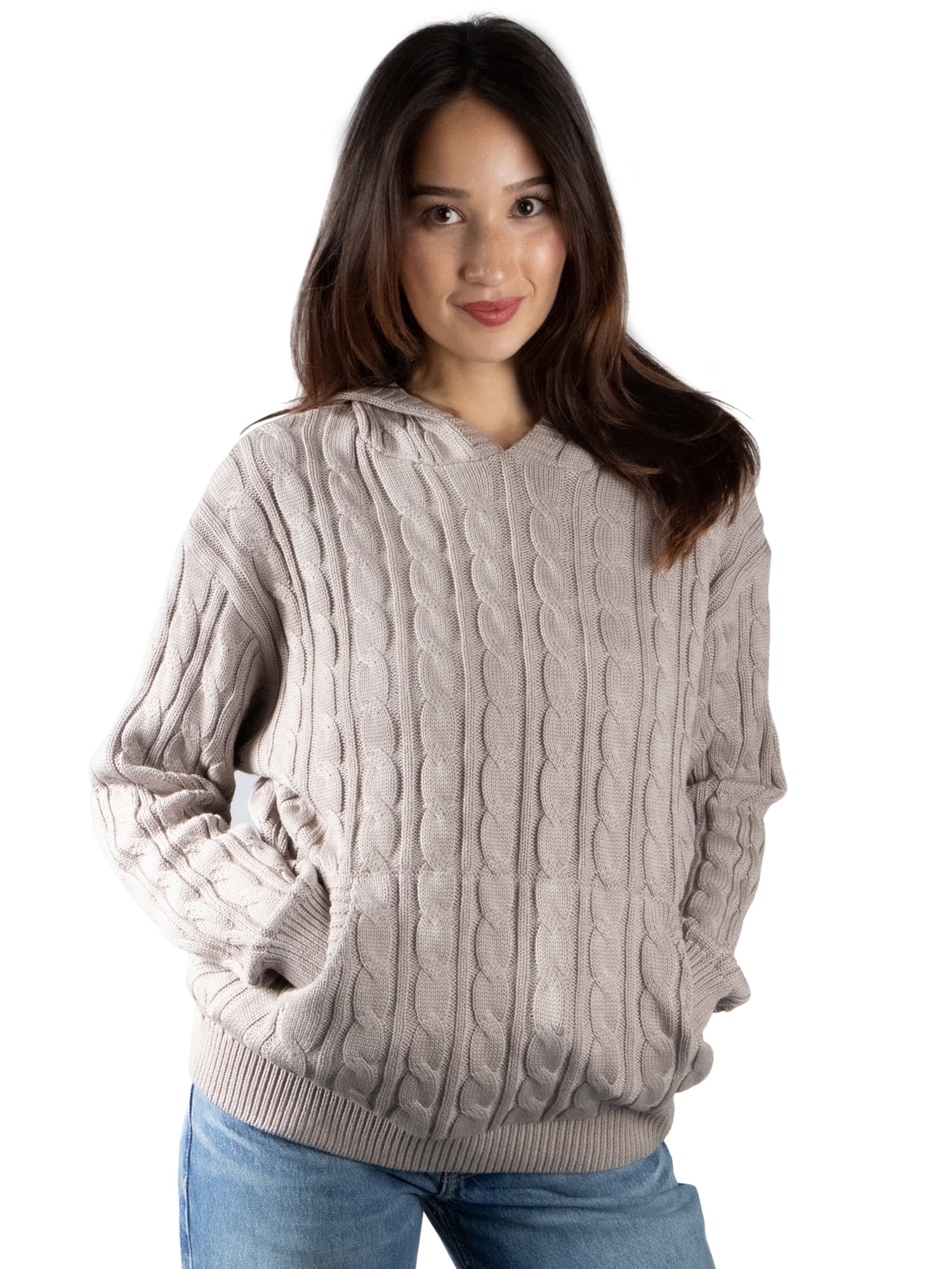 DARING DIVA Women's Stylish Oversized Cable Knit Hooded Sweater M Fossil Gray