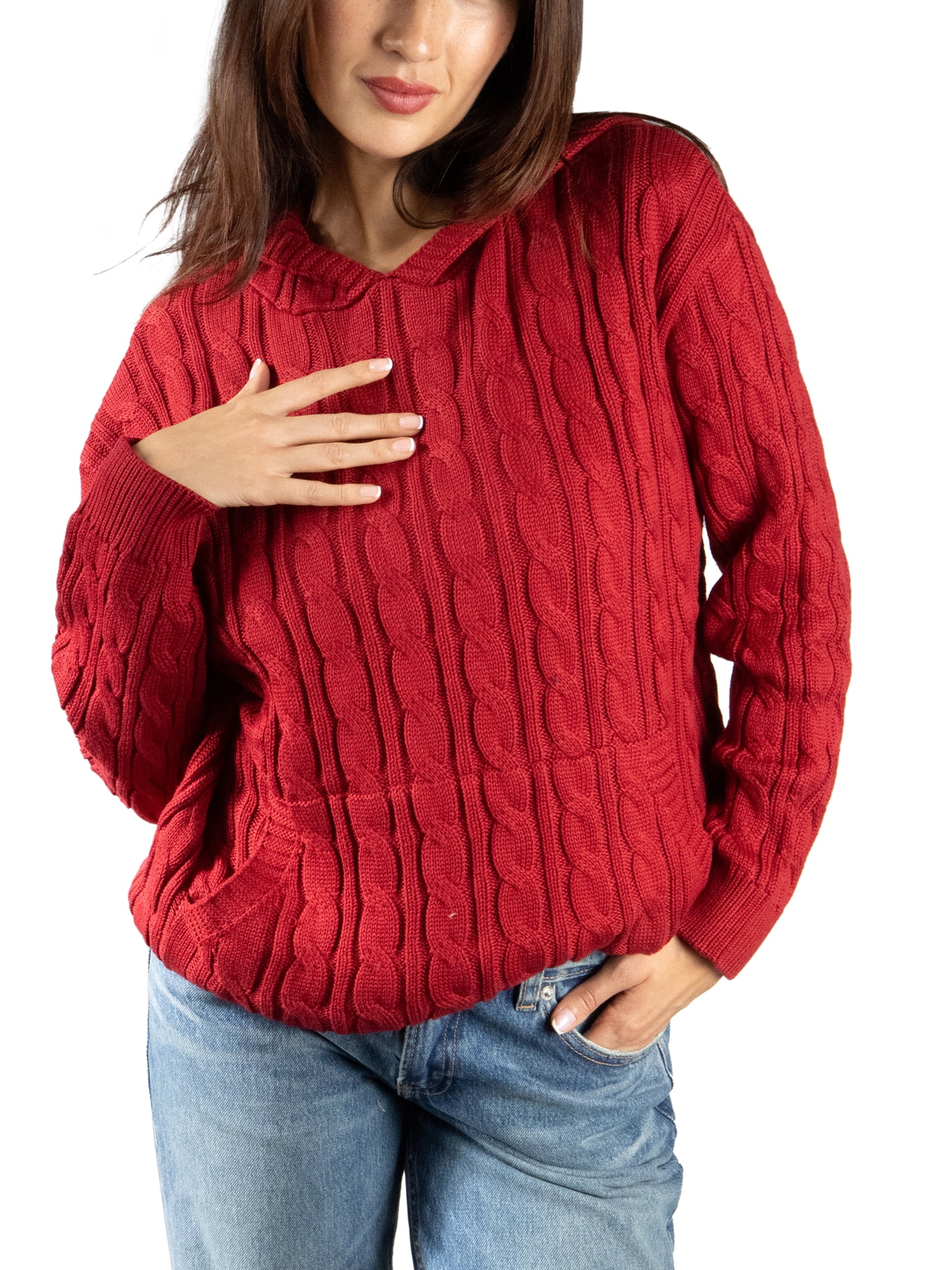 DARING DIVA Women's Stylish Oversized Cable Knit Hooded Sweater S Red