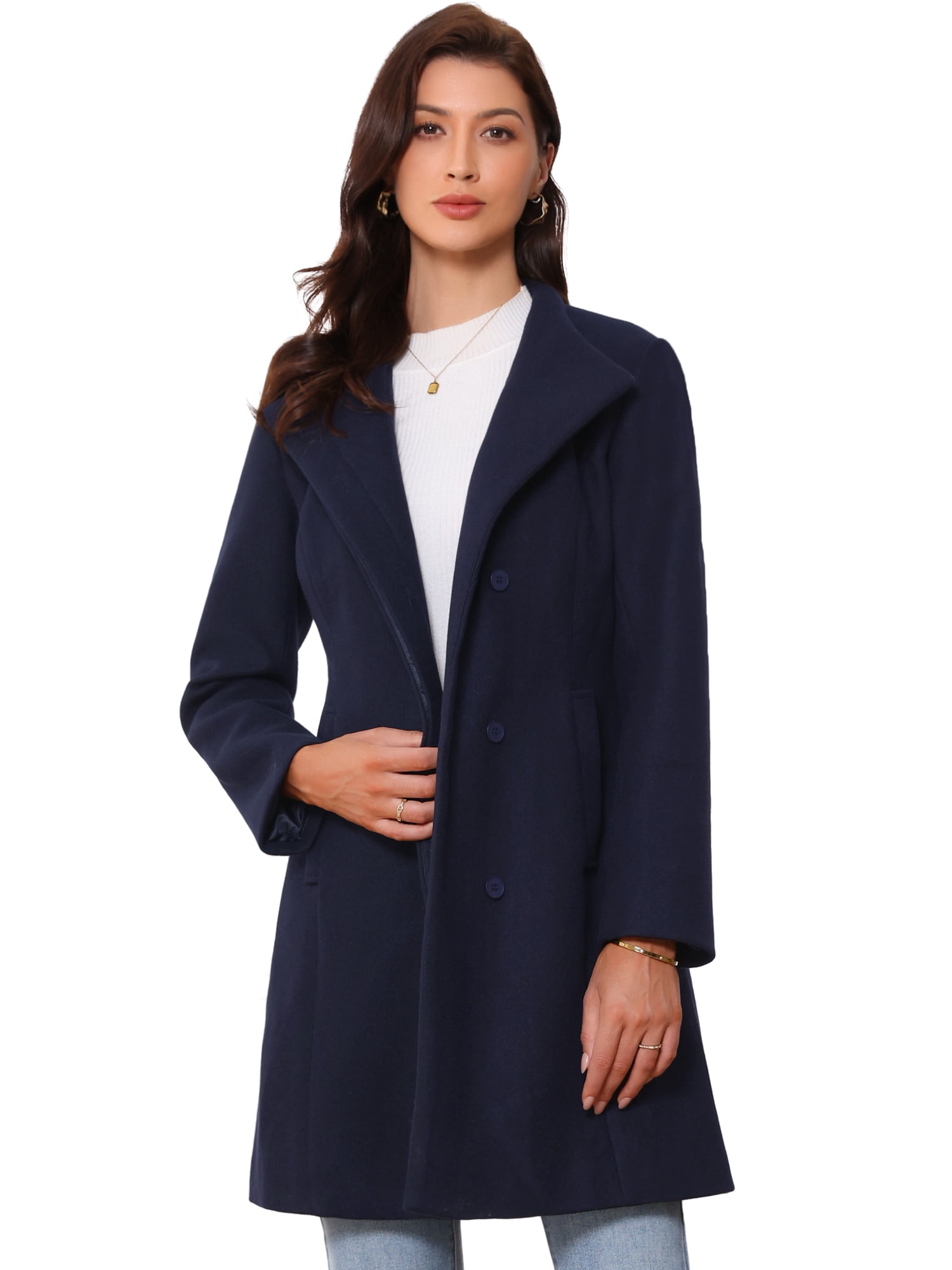 DARING DIVA Women's Stylish Peacoat Wrap Collar 2024 Winter Trench Long Coat L Dark Blue
