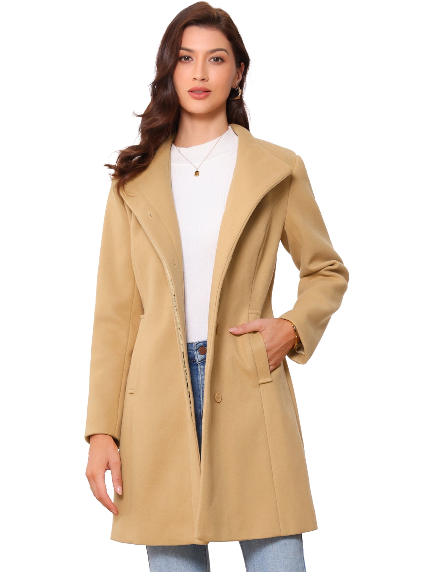 DARING DIVA Women's Stylish Peacoat Wrap Collar 2024 Winter Trench Long Coat M Khaki