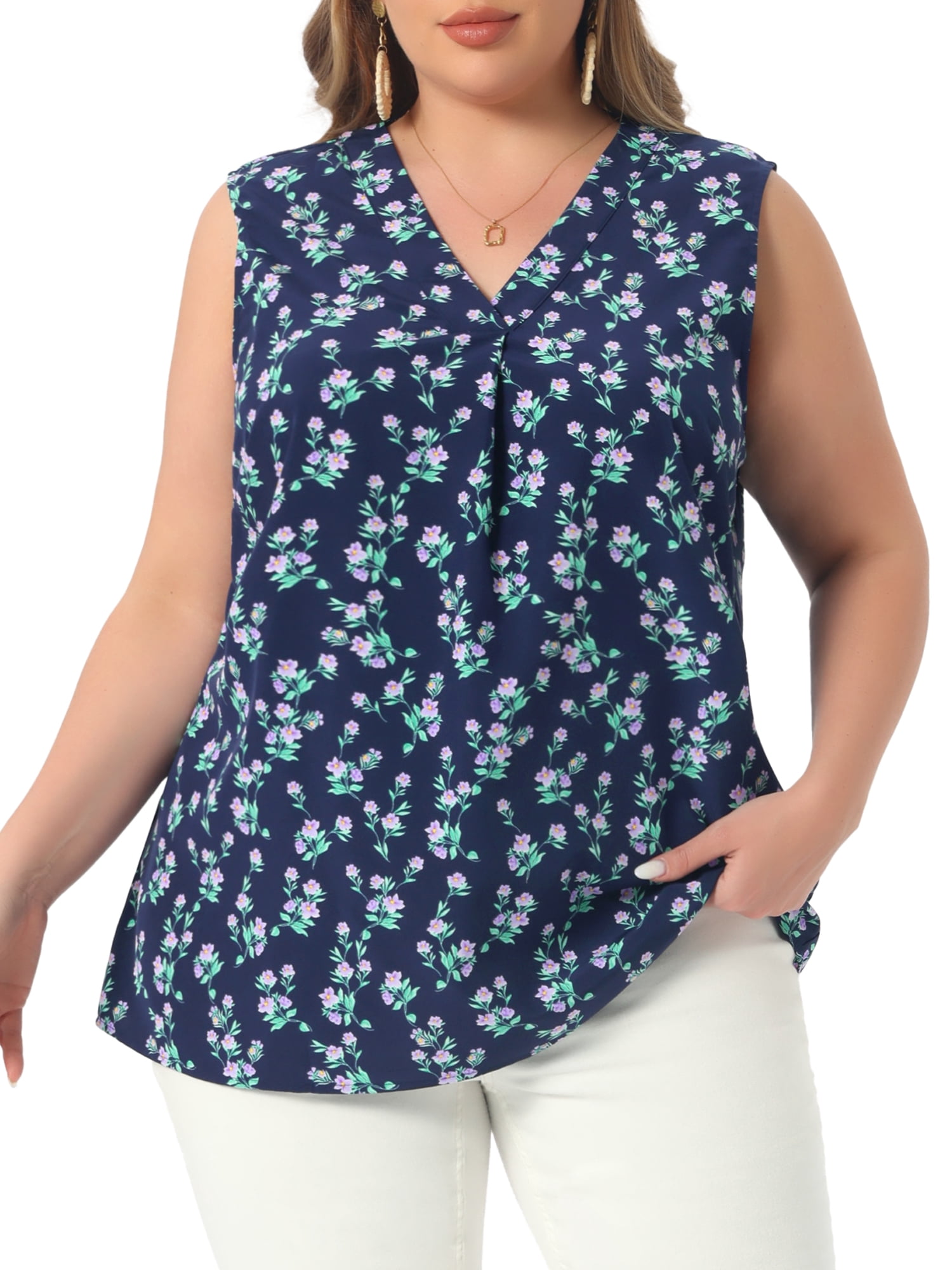 DARING DIVA Women's Stylish Plus Size Floral Sleeveless Tank Tops 1X Navy Blue