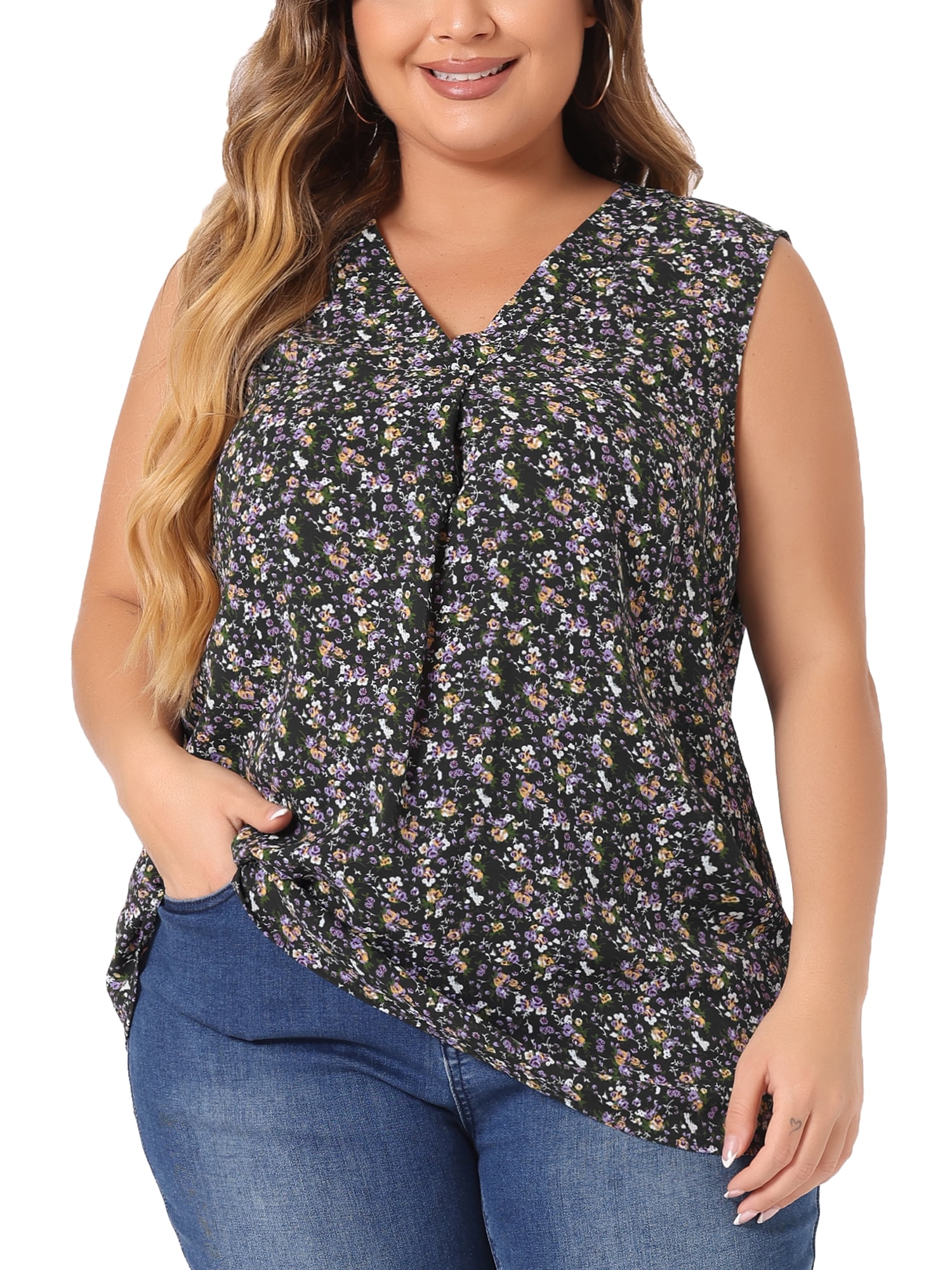 DARING DIVA Women's Stylish Plus Size Floral Sleeveless Tank Tops 4X Black
