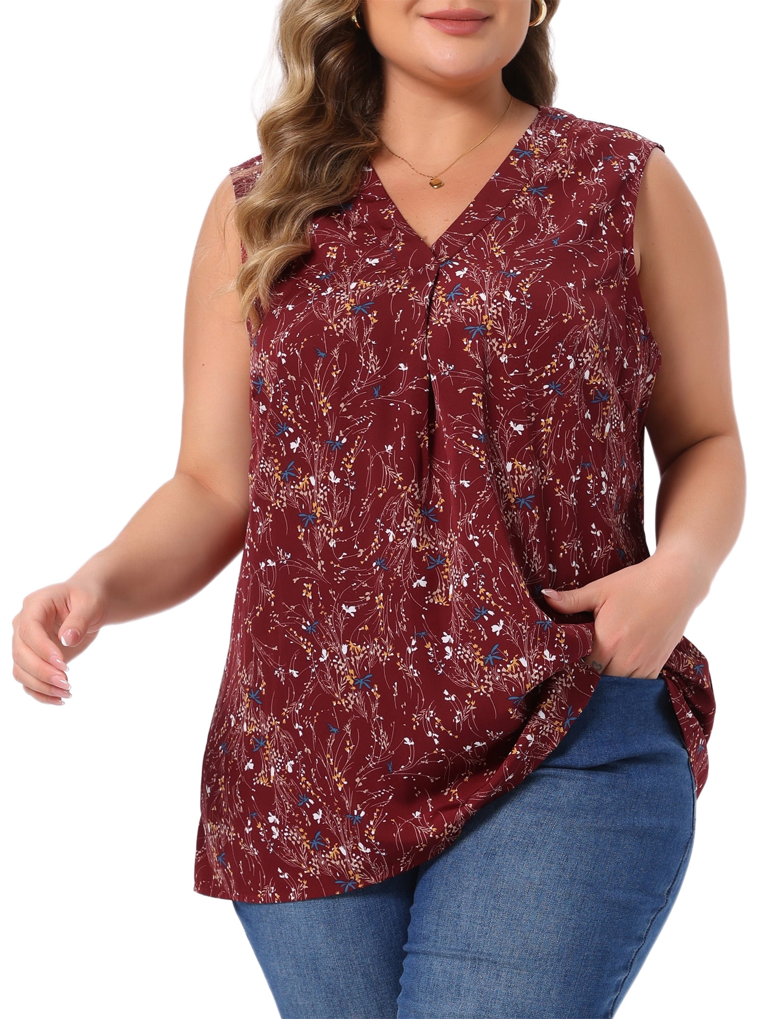 DARING DIVA Women's Stylish Plus Size Floral Sleeveless Tank Tops 4X Dark Red