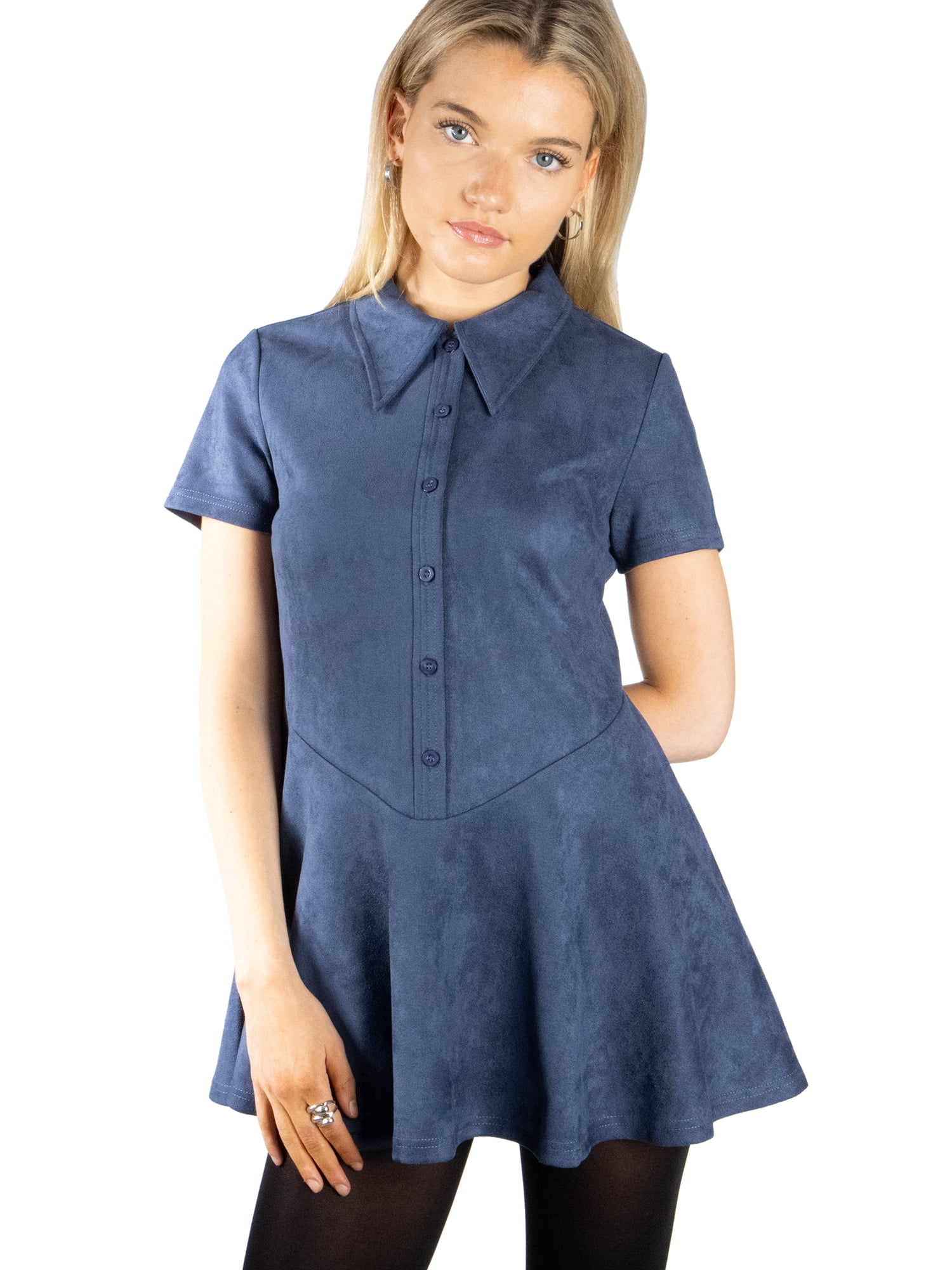 DARING DIVA Women's Stylish Pointed Collar Short Sleeve Button Down Dress L Dark Blue