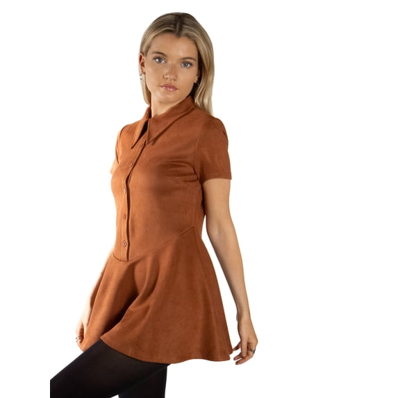 DARING DIVA Women's Stylish Pointed Collar Short Sleeve Button Down Dress XS Burnt Orange