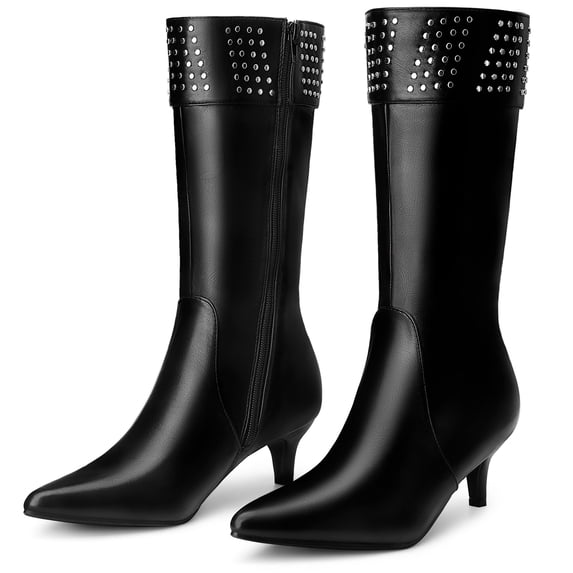 DARING DIVA Women's Stylish Pointed Toe Kitten Heel Knee High Boots Black 7.5
