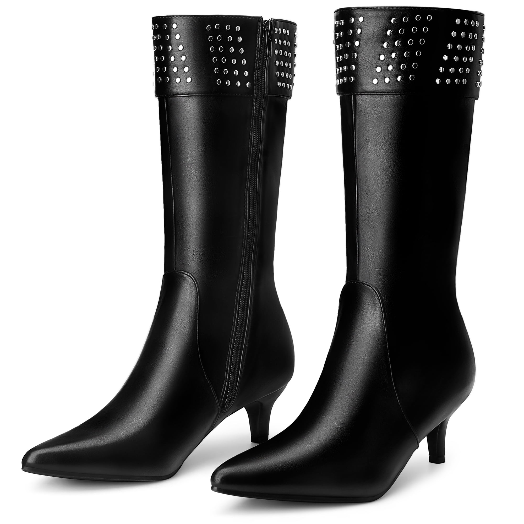 DARING DIVA Women's Stylish Pointed Toe Kitten Heel Knee High Boots Black 8.5