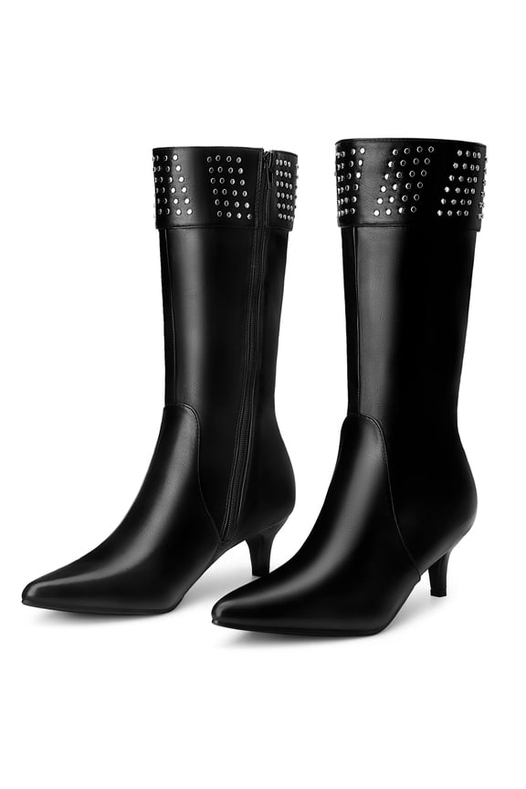 Women's Stylish Pointed Toe Kitten Heel Knee High Boots Black 9