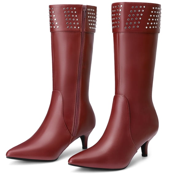 DARING DIVA Women's Stylish Pointed Toe Kitten Heel Knee High Boots Burgundy 7.5