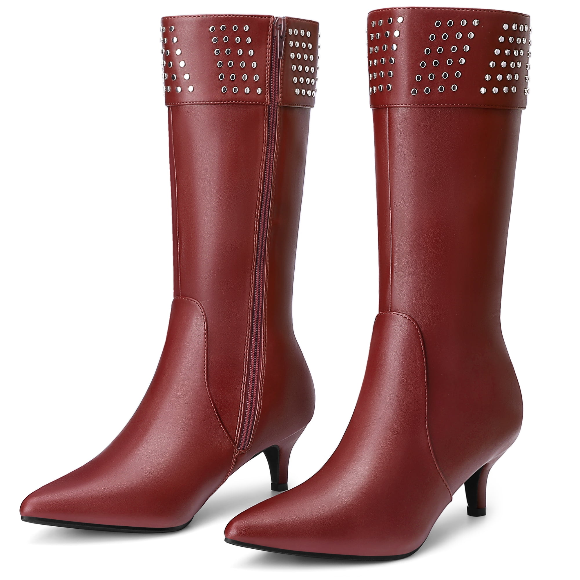 DARING DIVA Women's Stylish Pointed Toe Kitten Heel Knee High Boots Burgundy 9