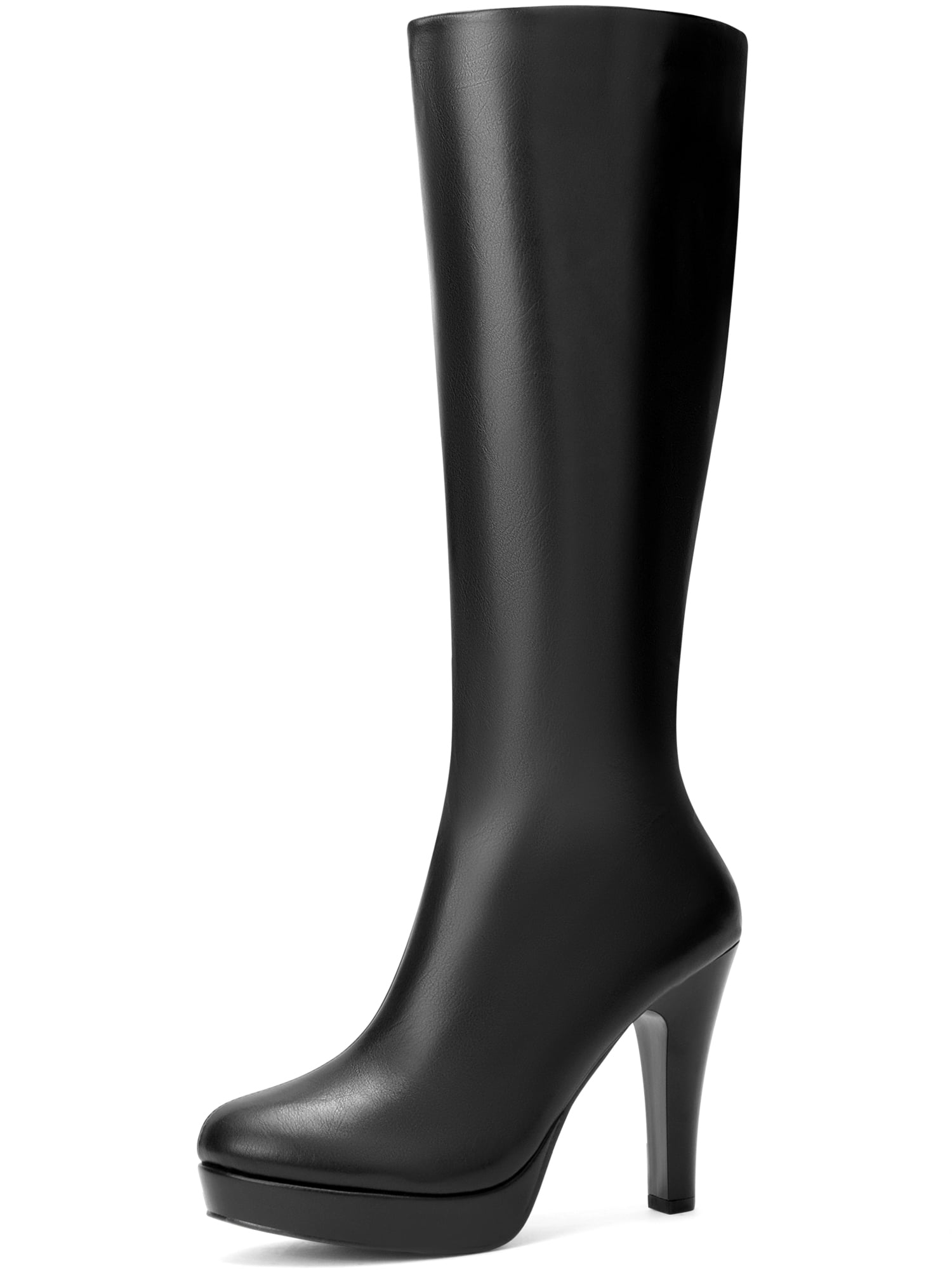 DARING DIVA Women's Stylish Round Toe Platform Chunky Heel Knee High Boots Black 10