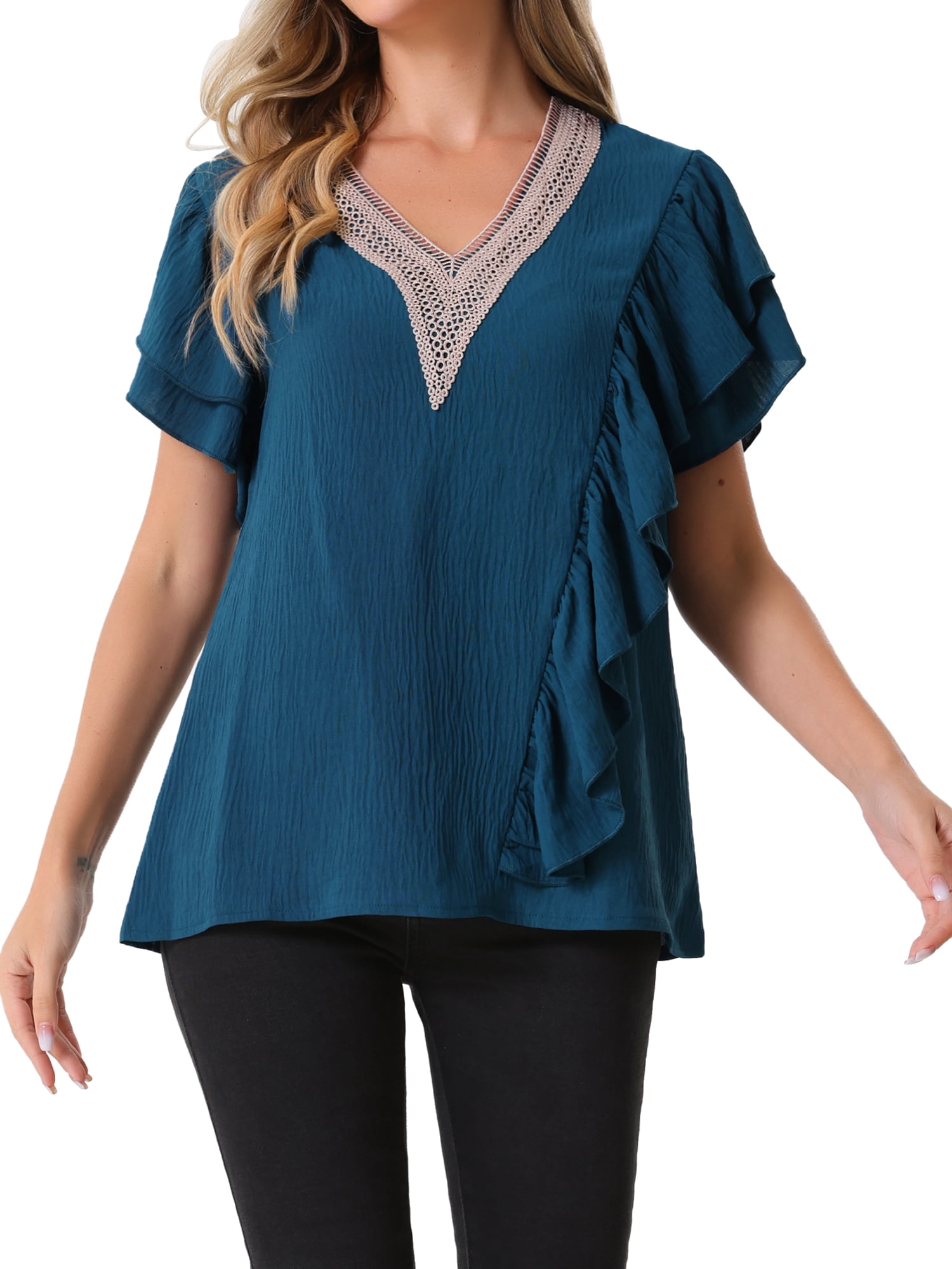 DARING DIVA Women's Ruffle Short Sleeve Elegant V Neck Blouse XL Dark Blue