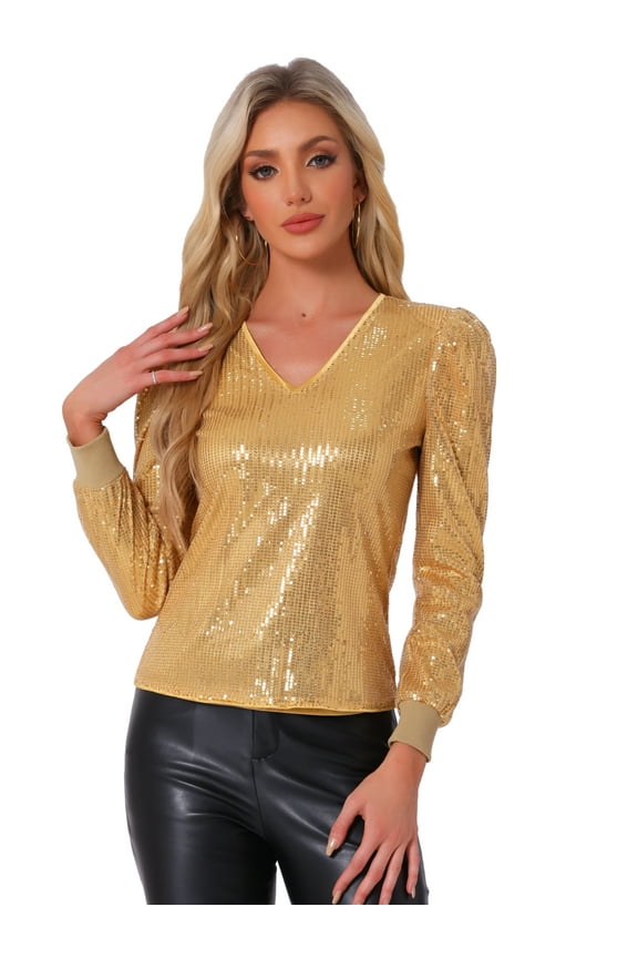 Women's Stylish Sequin V Neck Metallic Blouses XS Gold