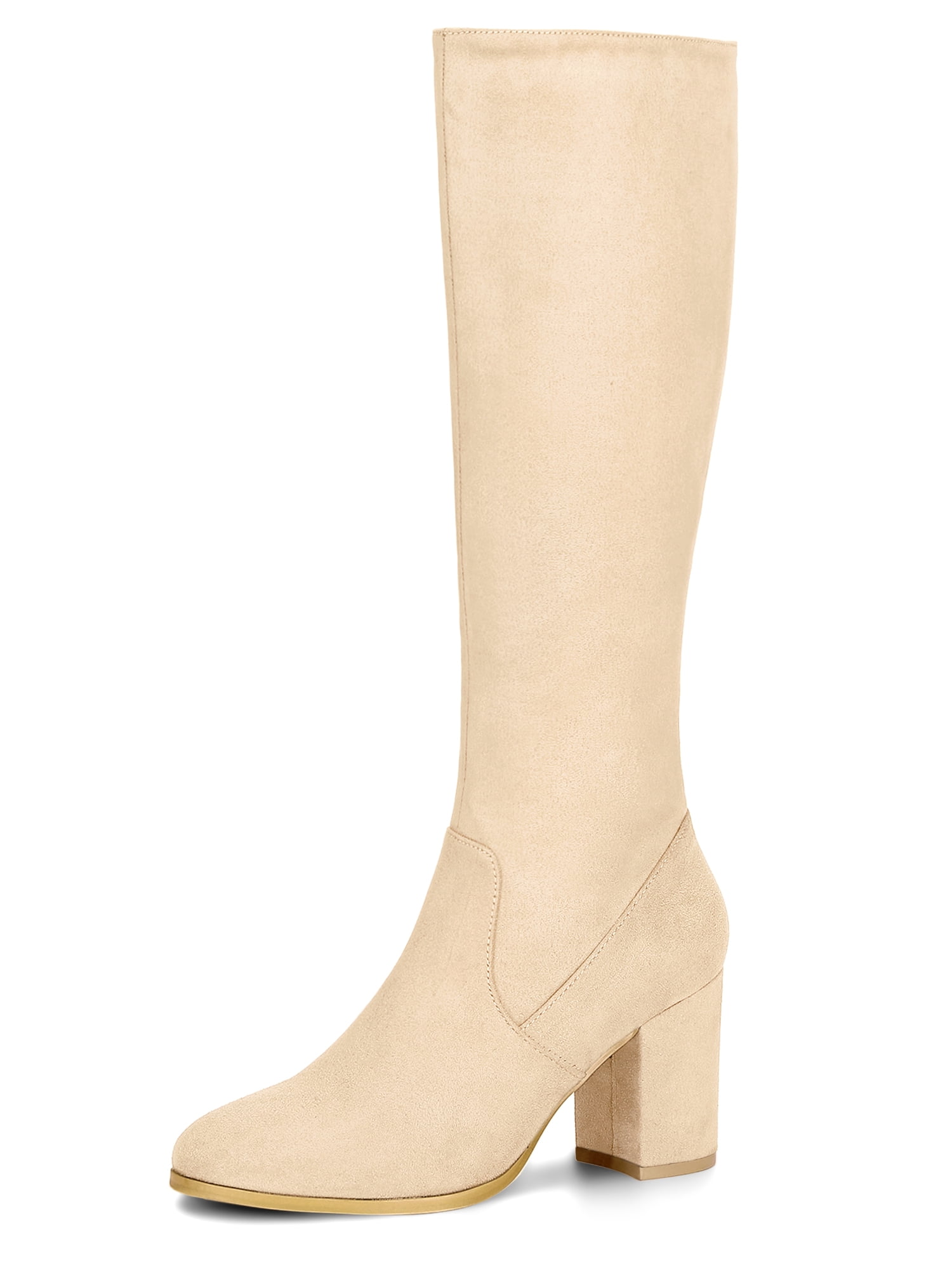 DARING DIVA Women's Stylish Side Zipper Chunky Heel Knee High Boots Beige 6