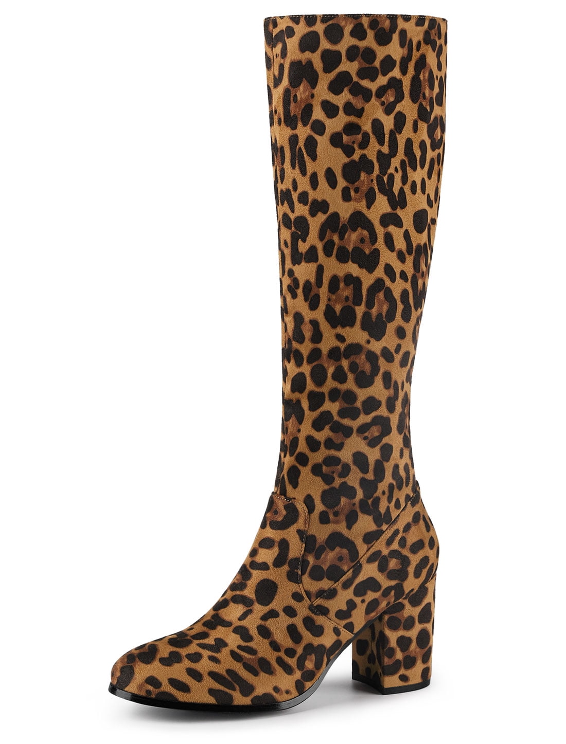DARING DIVA Women's Stylish Side Zipper Chunky Heel Knee High Boots Leopard 7.5