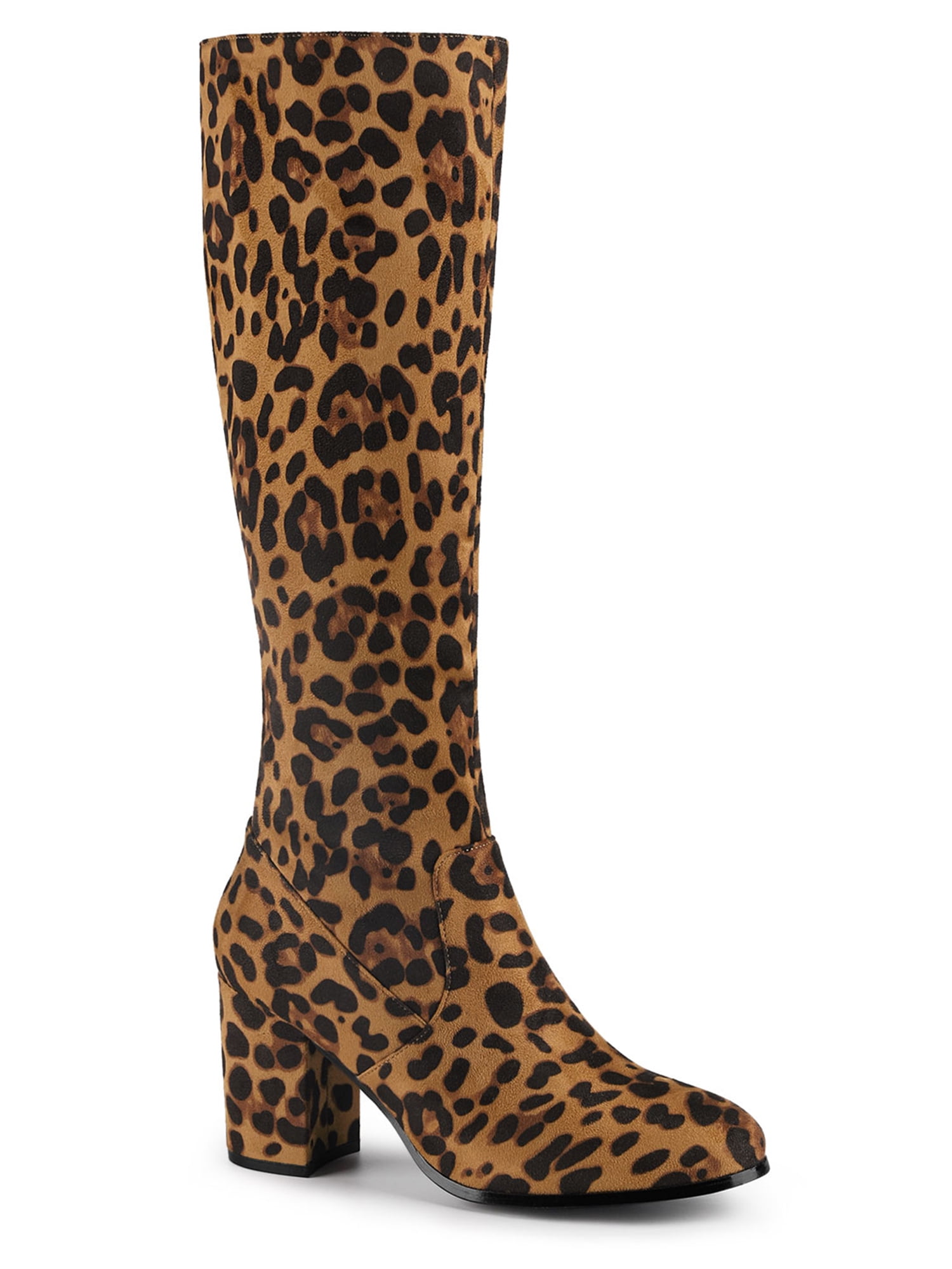 DARING DIVA Women's Stylish Side Zipper Chunky Heel Knee High Boots Leopard 8.5