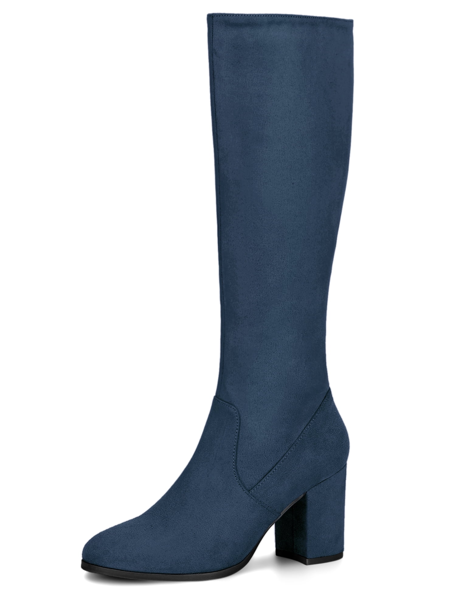 DARING DIVA Women's Stylish Side Zipper Chunky Heel Knee High Boots Navy Blue 6