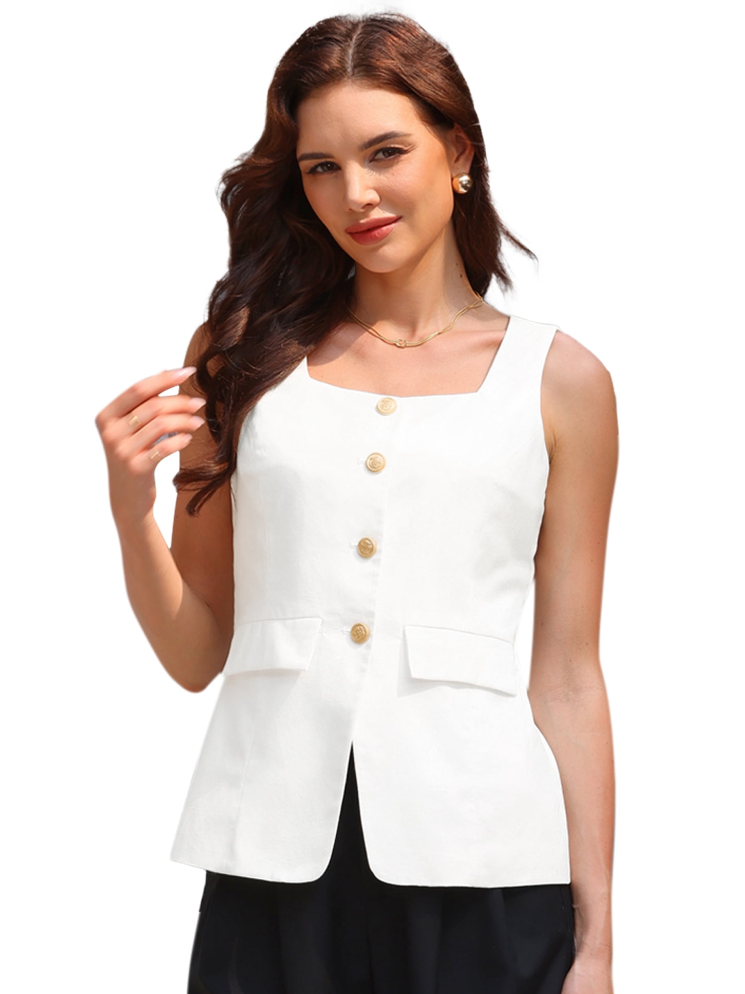 DARING DIVA Women's Stylish Square Neck Button Down Casual Linen Vest S White