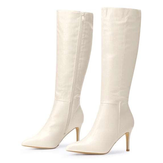 DARING DIVA Women's Stylish Stiletto Heels Knee High Boots with Pointed Toe Cream 6