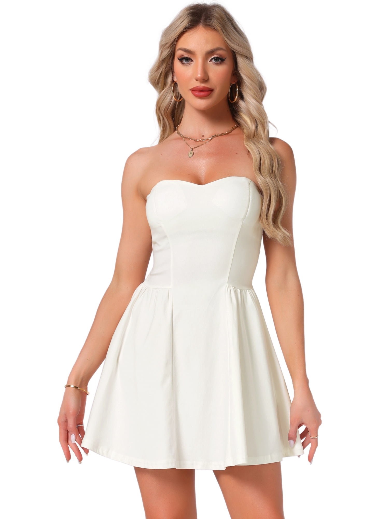 DARING DIVA Women's Stylish Strapless Mini Dress with Sweetheart Neckline M Beige White