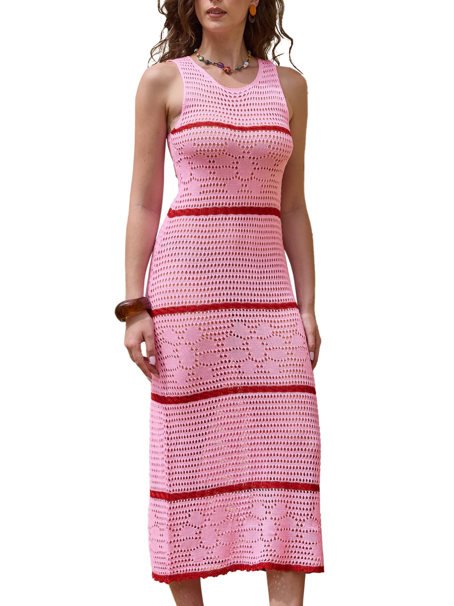 DARING DIVA Women's Stylish Striped Hollow Out Sleeveless Beach Maxi Dress L Pink Red
