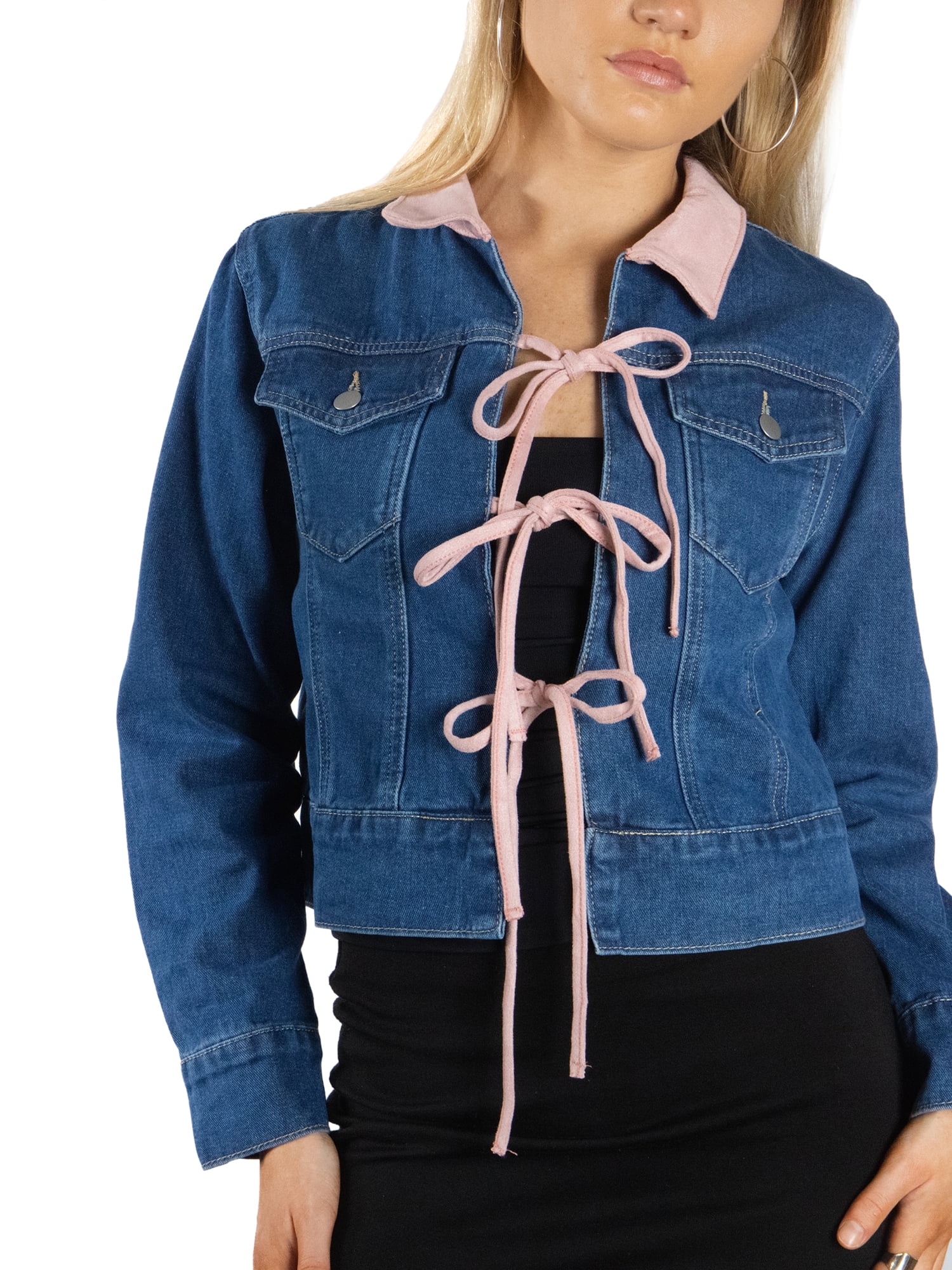 DARING DIVA Women's Stylish Triple Tie Denim Jacket L Medium Denim Blue Pink
