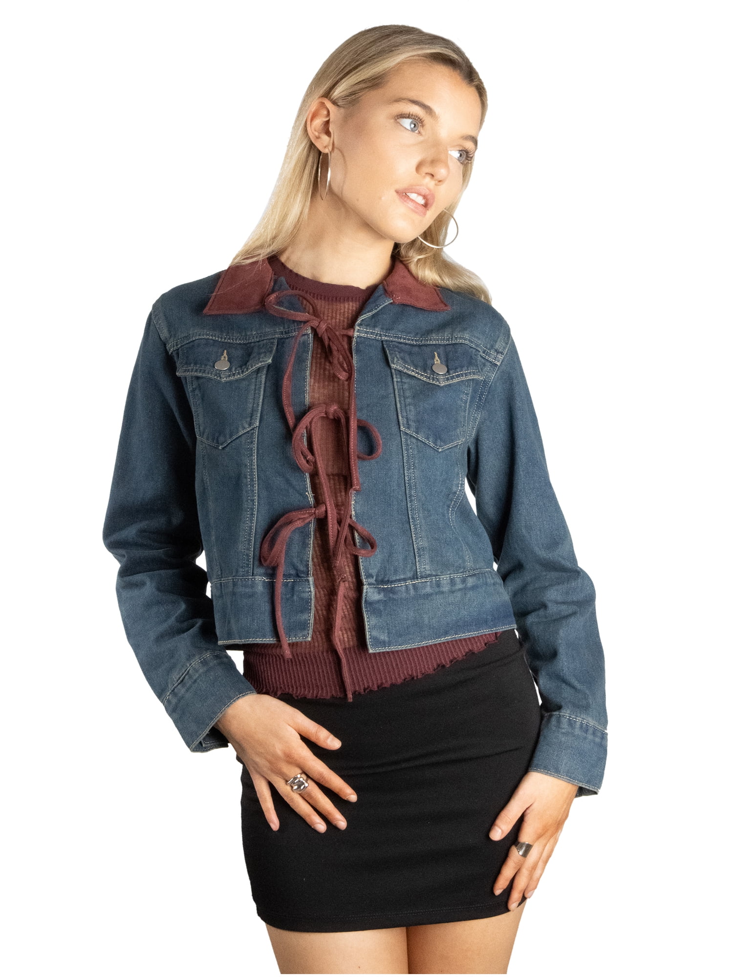 DARING DIVA Women's Stylish Triple Tie Denim Jacket M Green Wash Burgundy